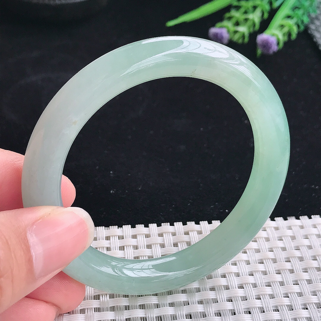 实拍A货翡翠54/9.6/9.5老坑冰胶水灵冰晴圆条手镯翡翠玉镯平安镯