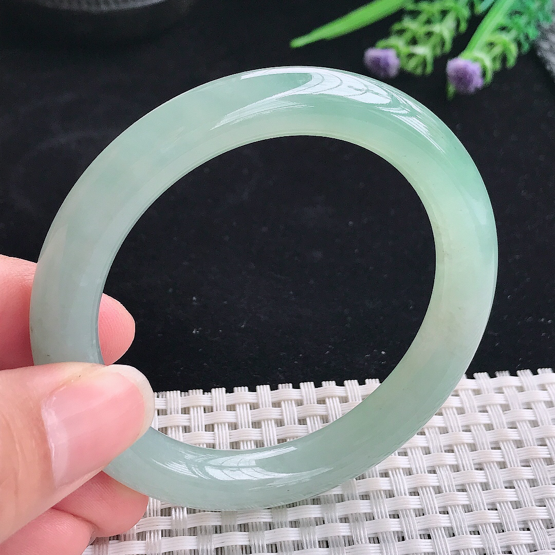 实拍A货翡翠54/9.6/9.5老坑冰胶水灵冰晴圆条手镯翡翠玉镯平安镯