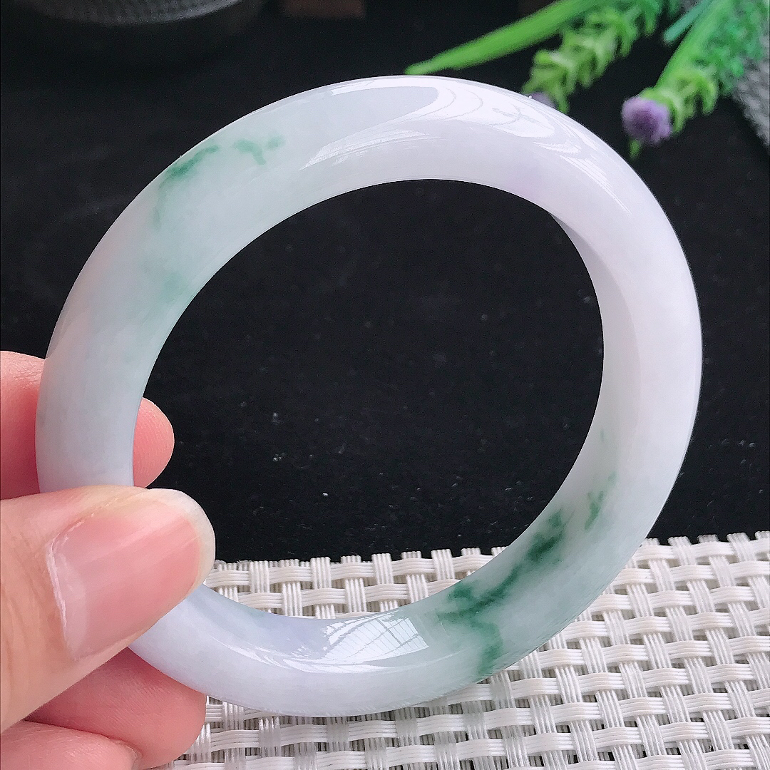 实拍A货翡翠57.8/11.8/9.5老坑精美温润紫罗兰飘花手镯翡翠宽边玉镯平安镯