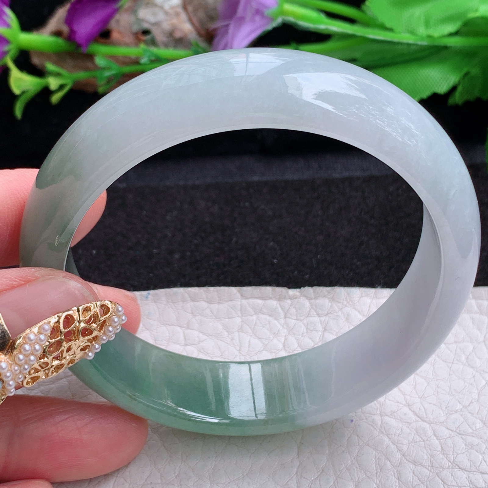 js实拍58.5*15.8*7.6招财镯 天然缅甸翡翠a货手镯冰润半山水正圈玉镯子