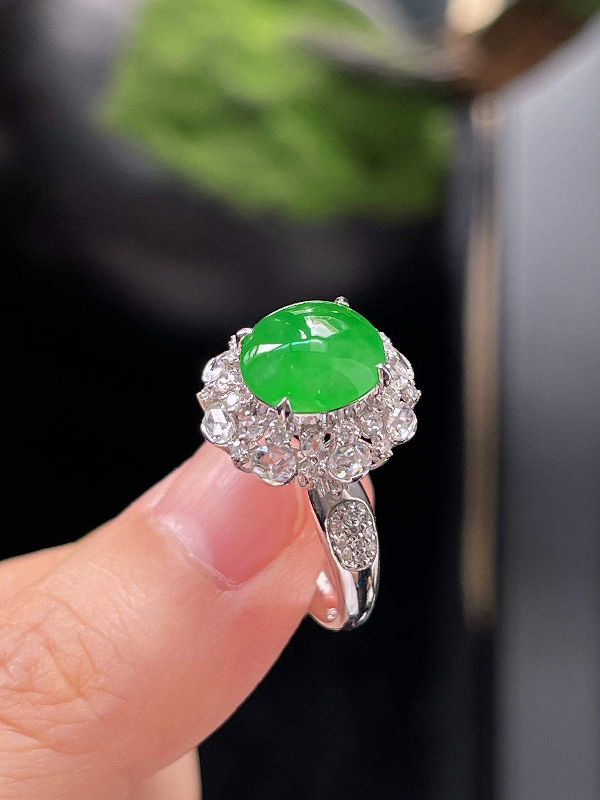 18k金 翡翠冰糯种满绿色耳钉和戒指套装