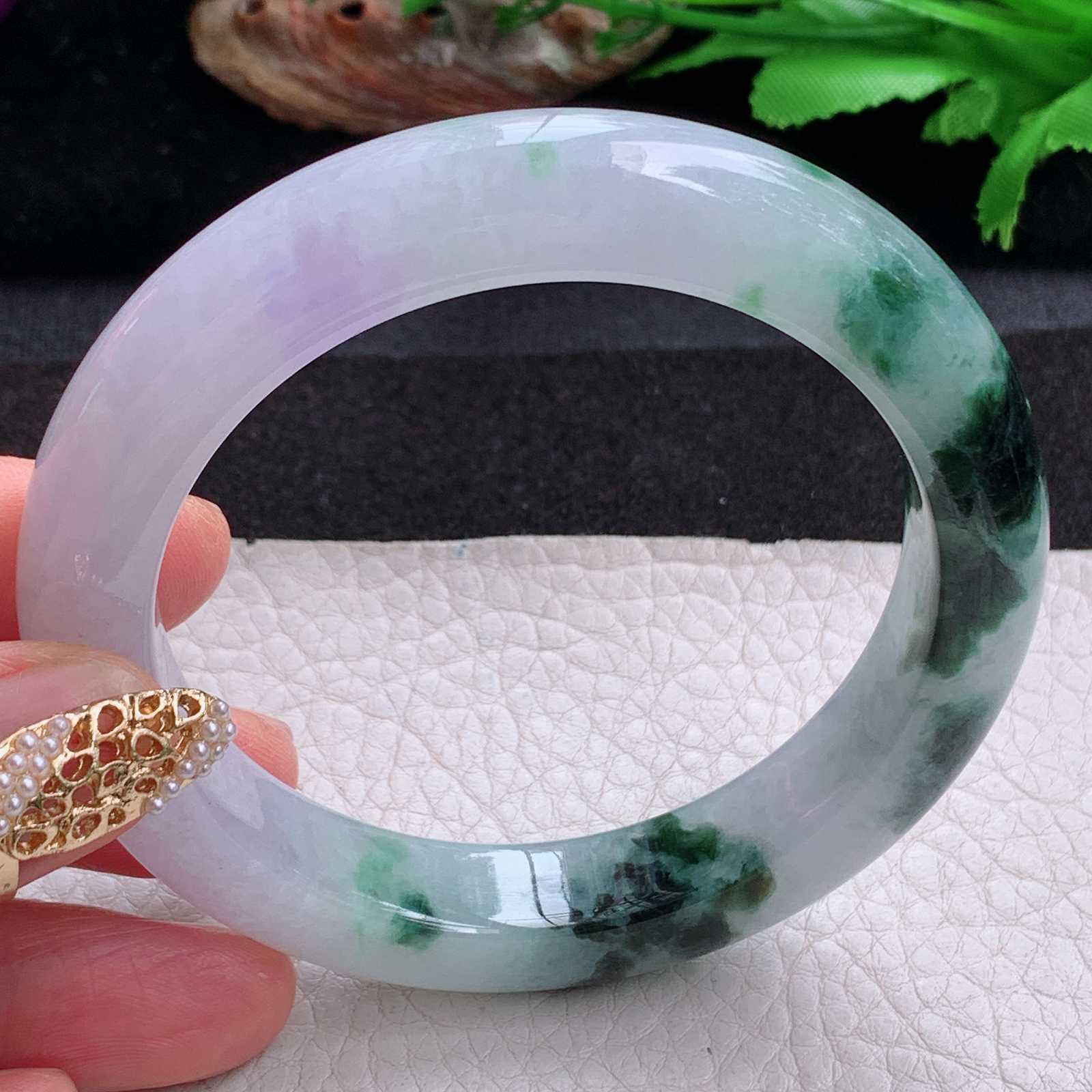 cc实拍57.5*12*9.8招财镯 天然缅甸翡翠a货手镯半山水飘花正圈玉镯子