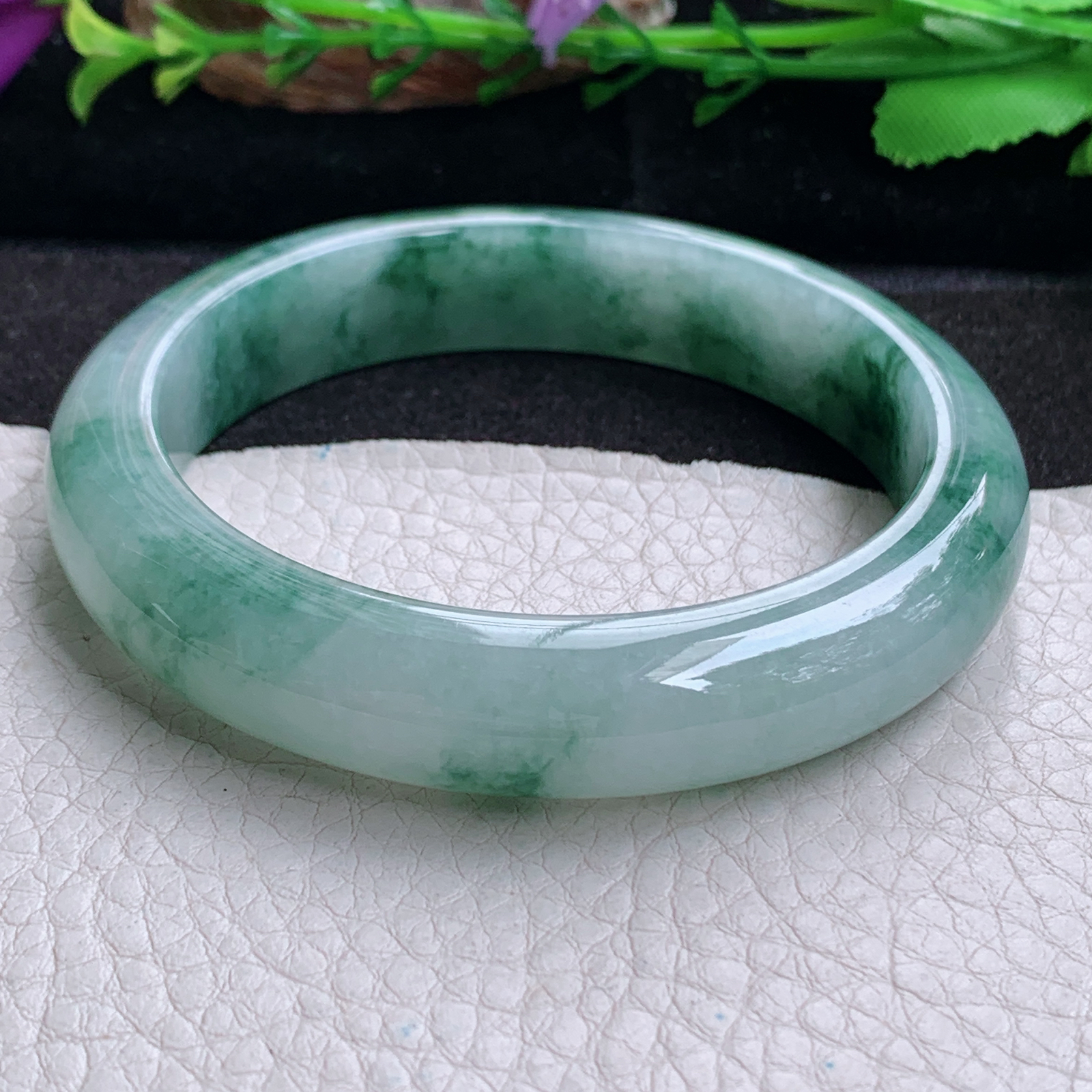 mq实拍59*12.8*9平安镯 天然缅甸翡翠a货手镯冰飘花正圈玉镯子