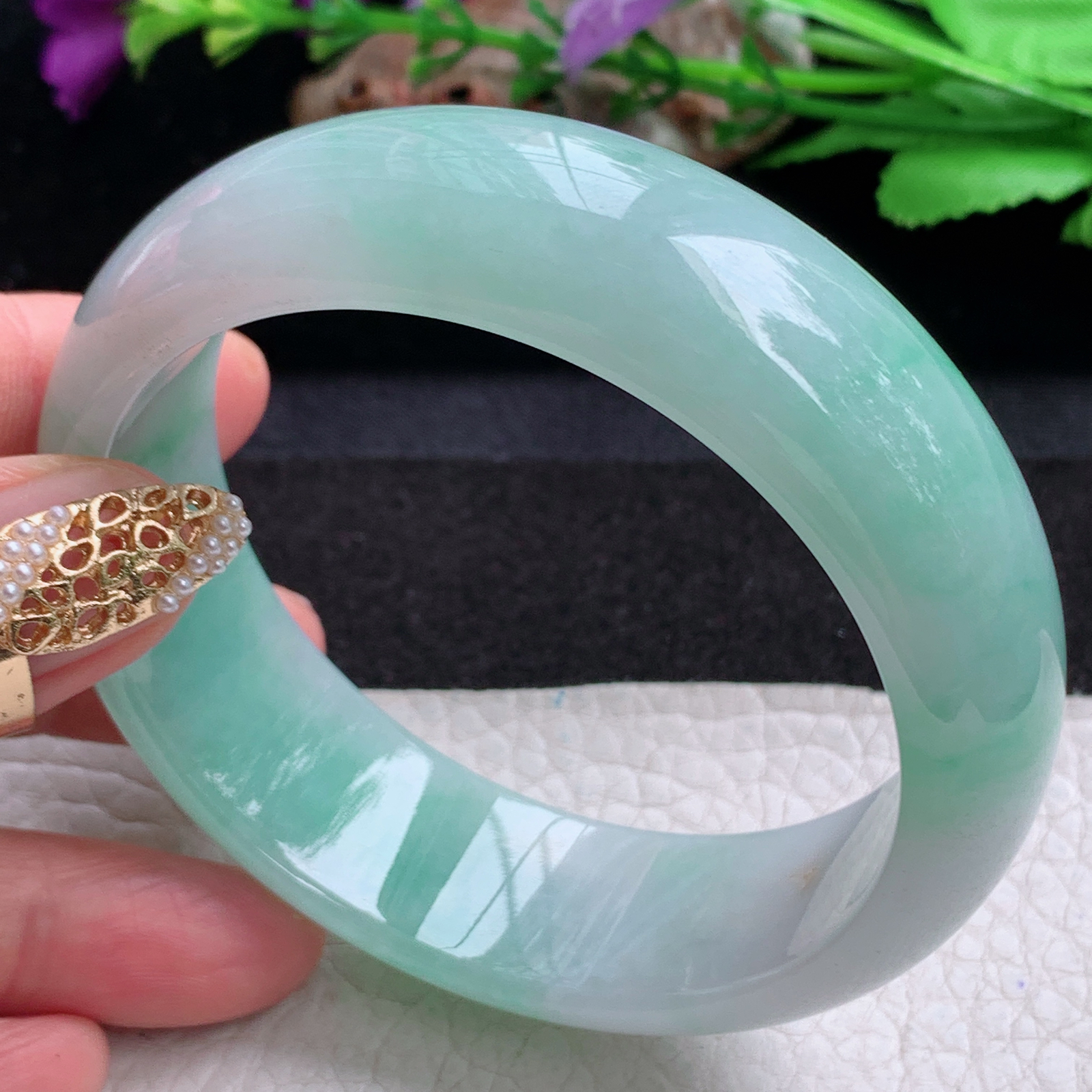 xc大圈口59*19.5*8轮胎镯 天然缅甸翡翠a货手镯冰飘花大气正圈玉镯子