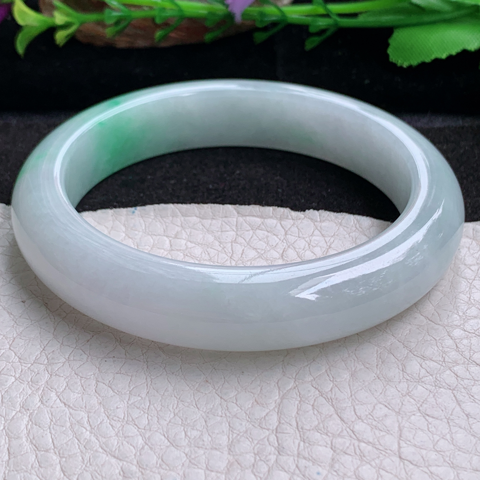 js实拍58.5*12.8*9平安镯 天然缅甸翡翠a货手镯白底青正圈玉镯子