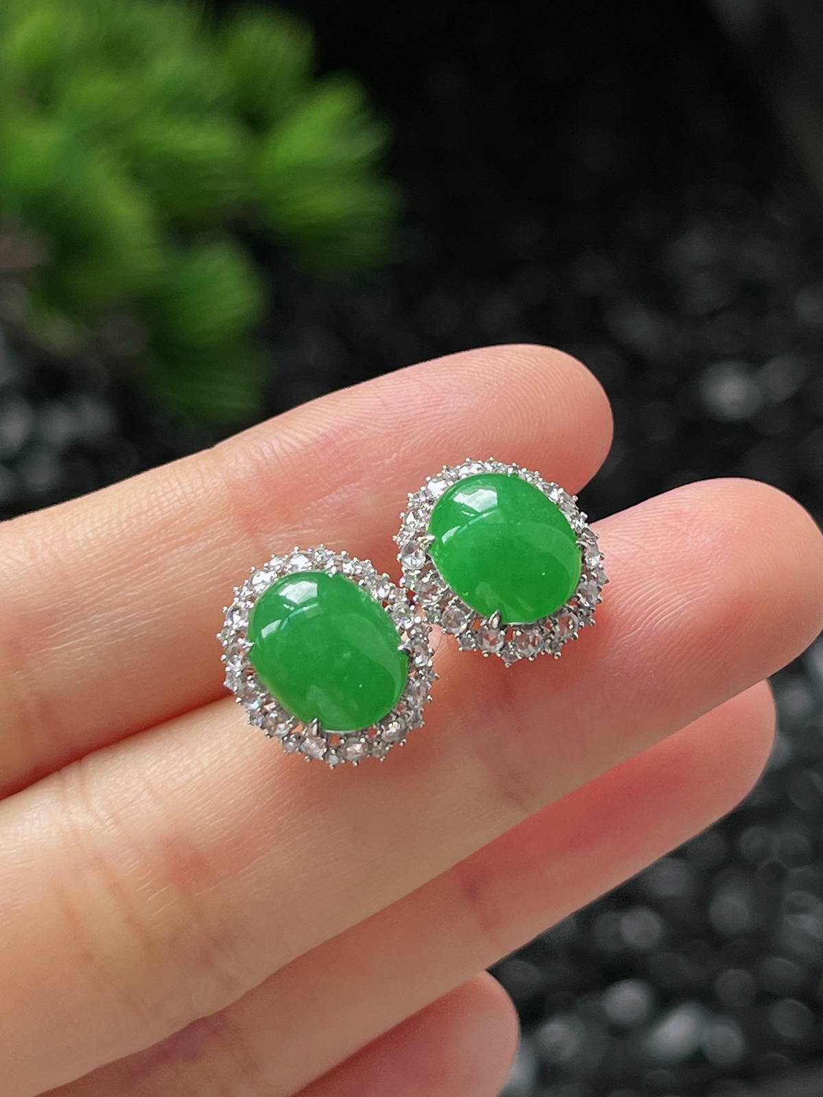 翡翠糯化种满绿色耳钉，印记：Au750,伴钻石