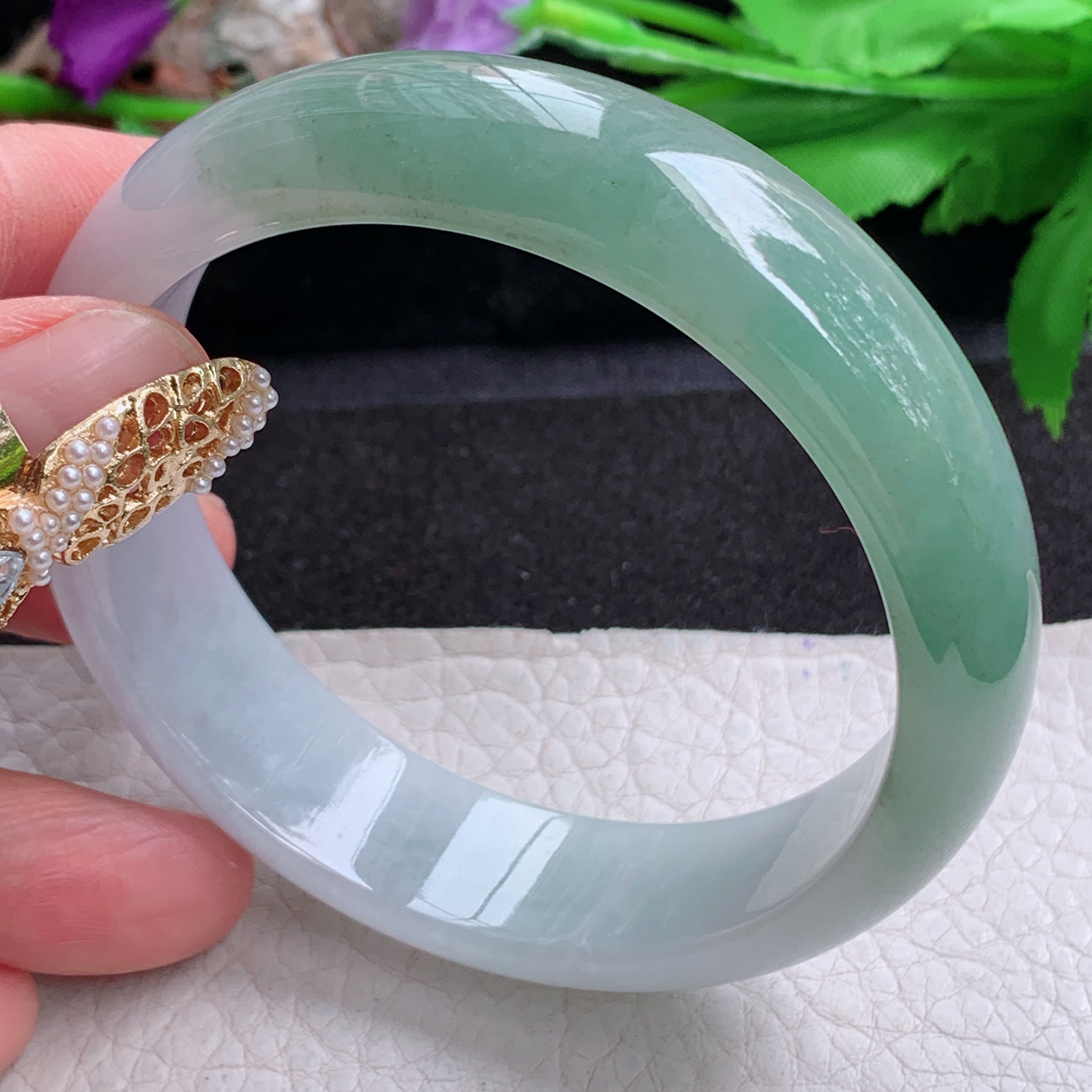 js实拍58.5*15.8*7.6招财镯 天然缅甸翡翠a货手镯冰润半山水正圈玉镯子