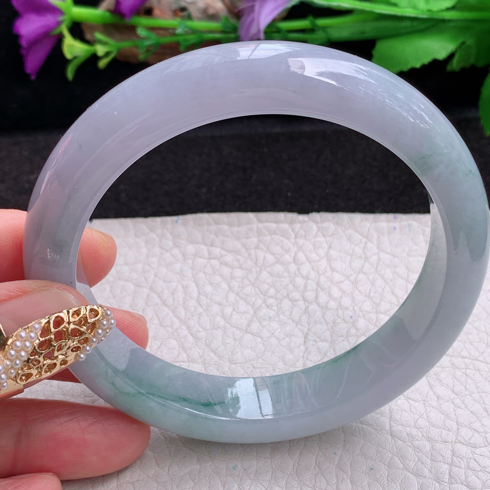 hy大圈口61.8*13*8.6平安镯 天然缅甸翡翠a货手镯蓝紫飘花大气正圈玉镯子