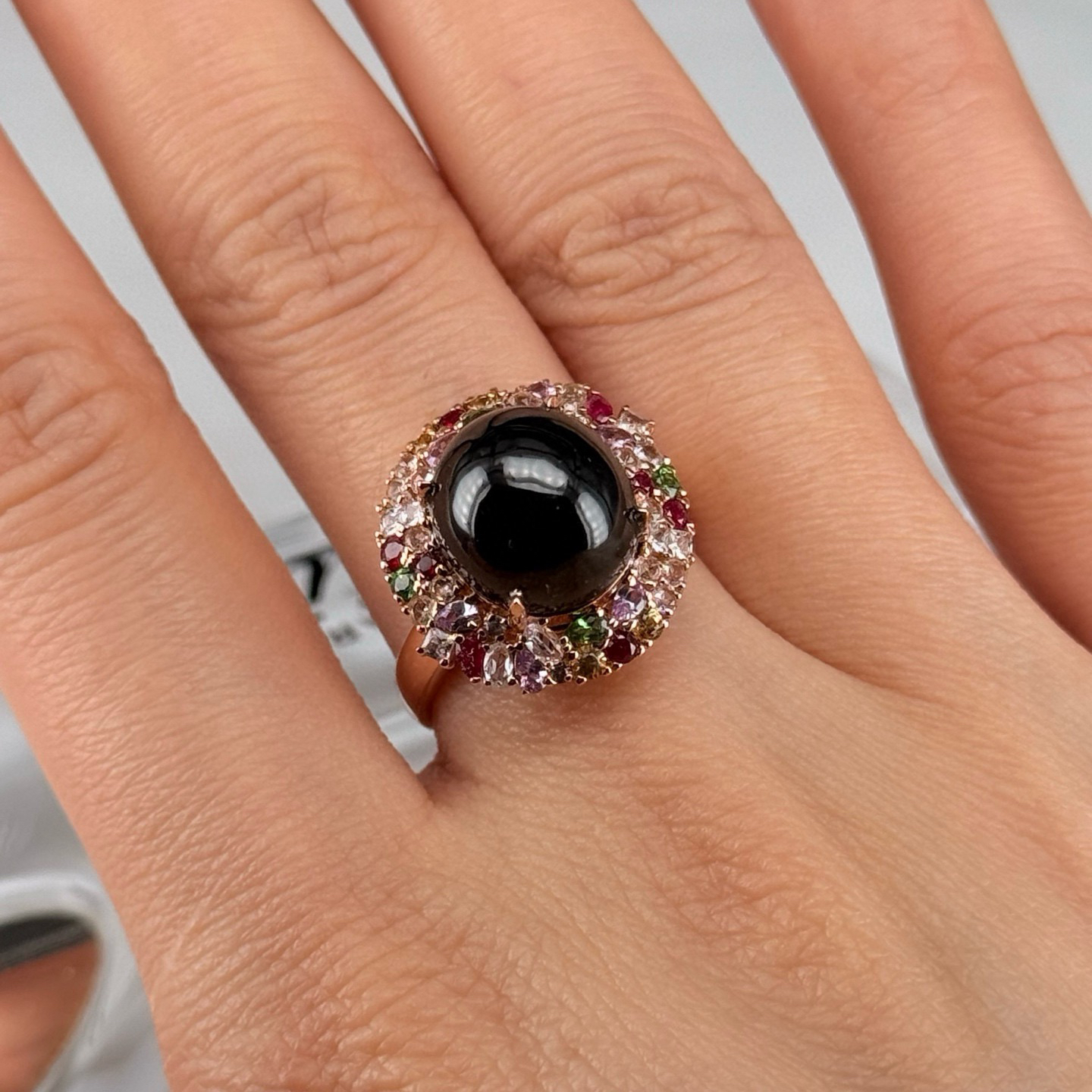 精品18k墨翠豪镶蛋面女戒 种好色正 黑度极好 打灯通透 油性十足 尺寸11.5