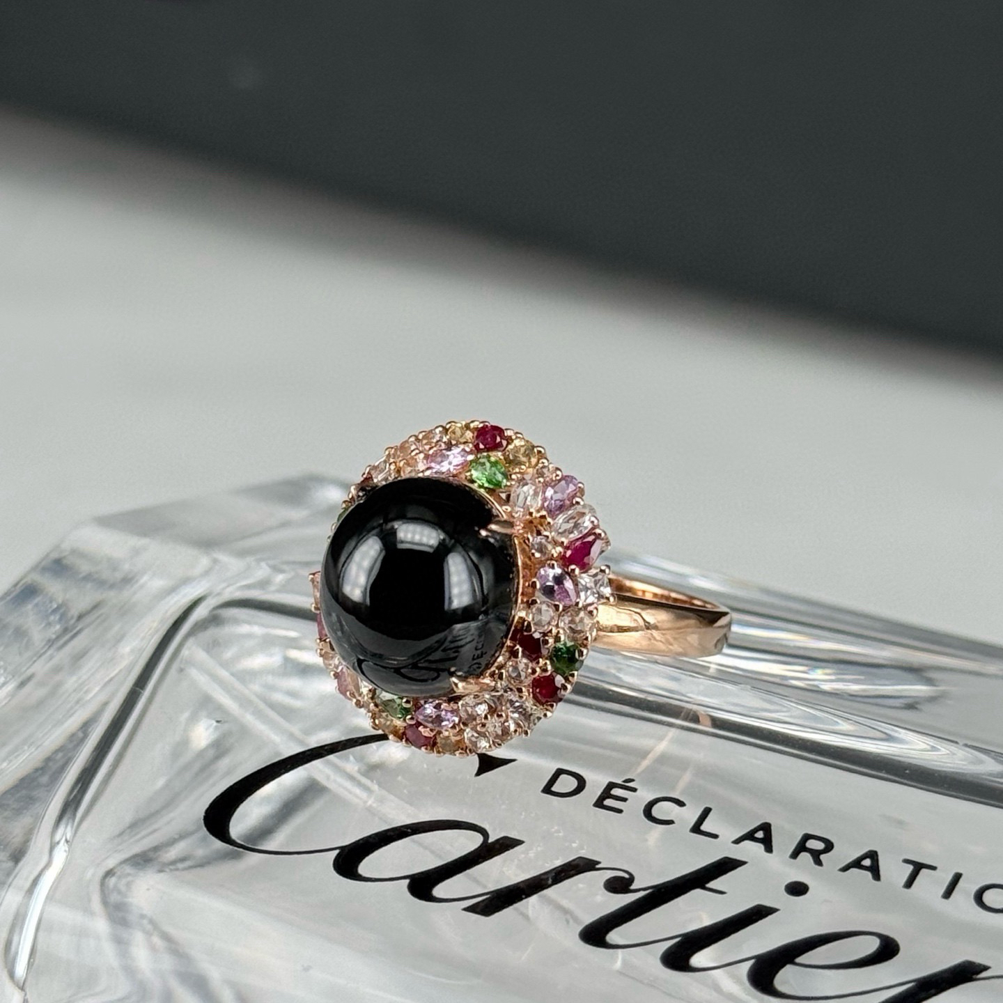 精品18k墨翠豪镶蛋面女戒 种好色正 黑度极好 打灯通透 油性十足 尺寸11.5