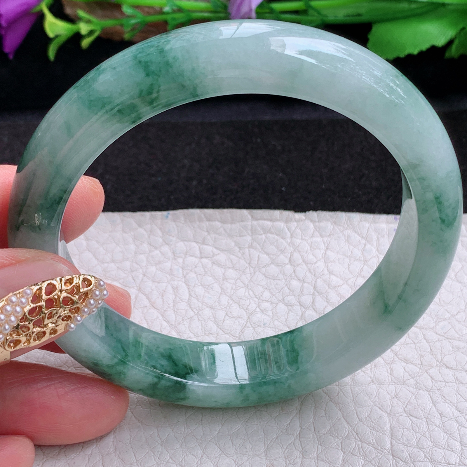 mq实拍59*12.8*9平安镯 天然缅甸翡翠a货手镯冰飘花正圈玉镯子