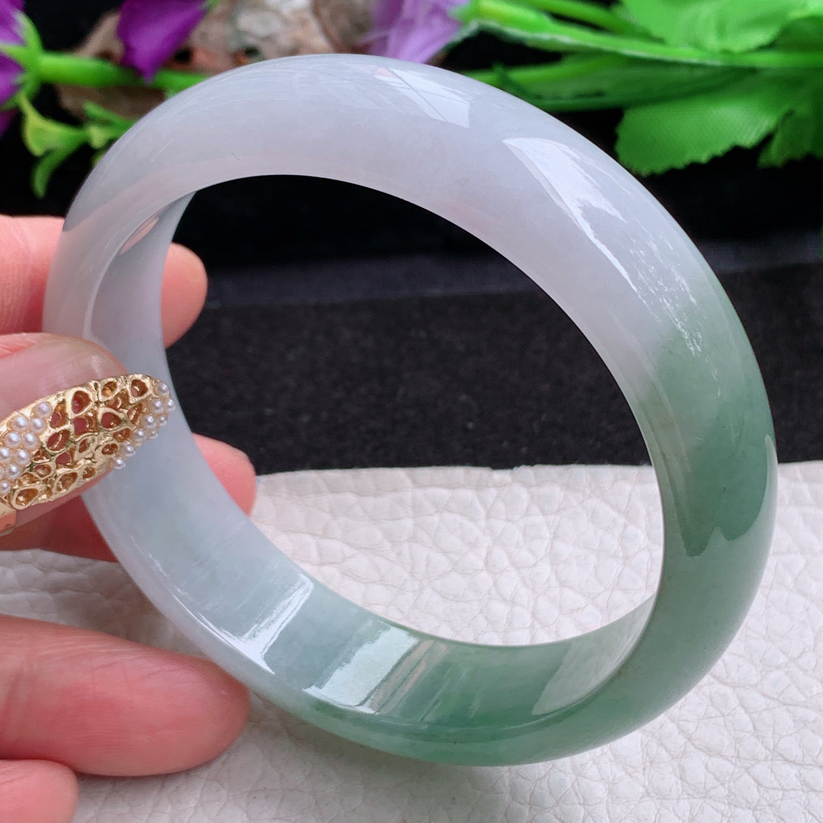 js实拍58.5*15.8*7.6招财镯 天然缅甸翡翠a货手镯冰润半山水正圈玉镯子