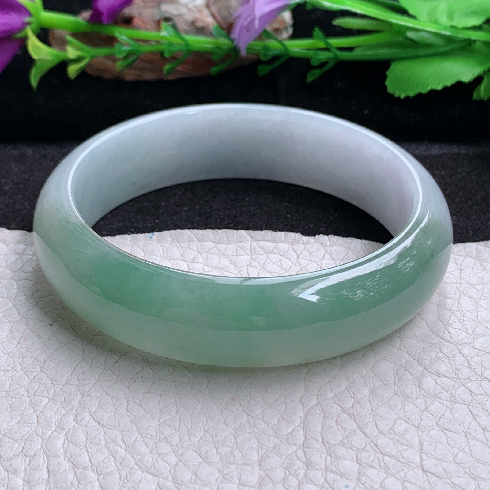 js实拍58.5*15.8*7.6招财镯 天然缅甸翡翠a货手镯冰润半山水正圈玉镯子