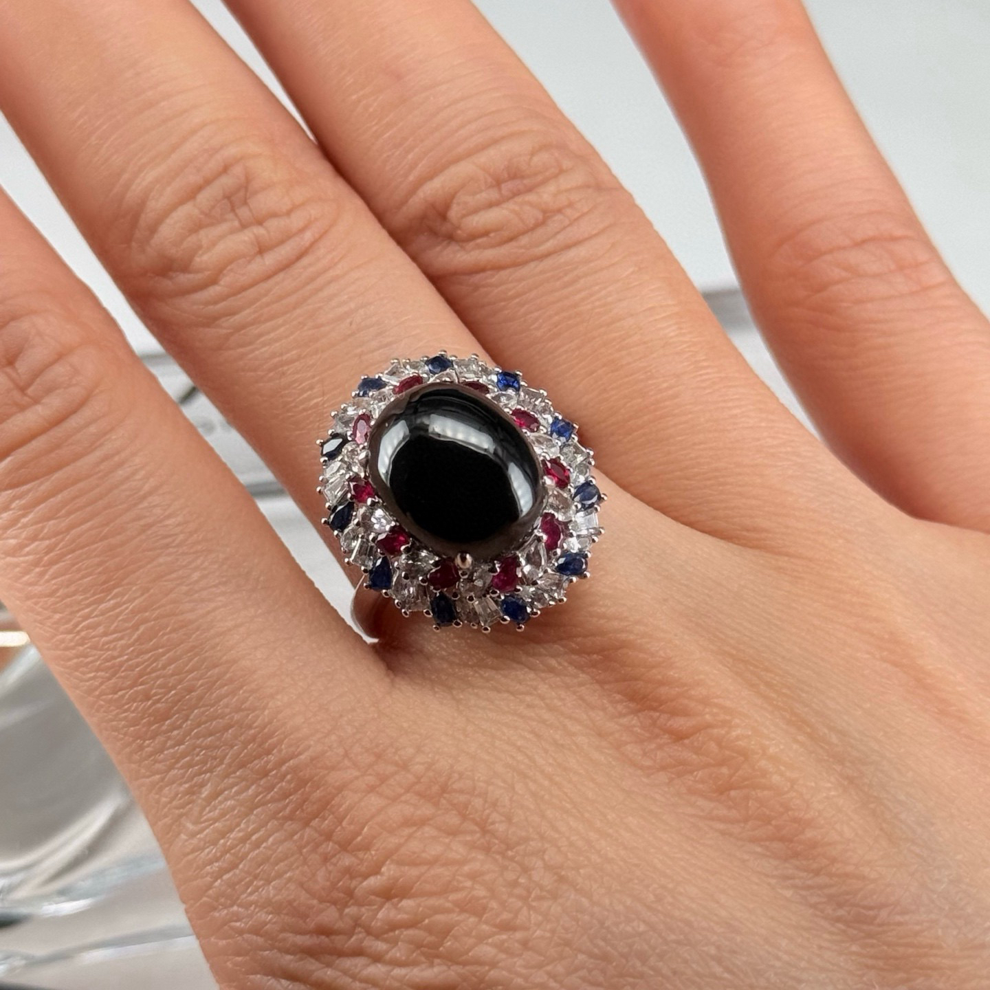 精品18k墨翠豪镶蛋面女戒 种好色正 黑度极好 打灯通透 油性十足 尺寸12.4