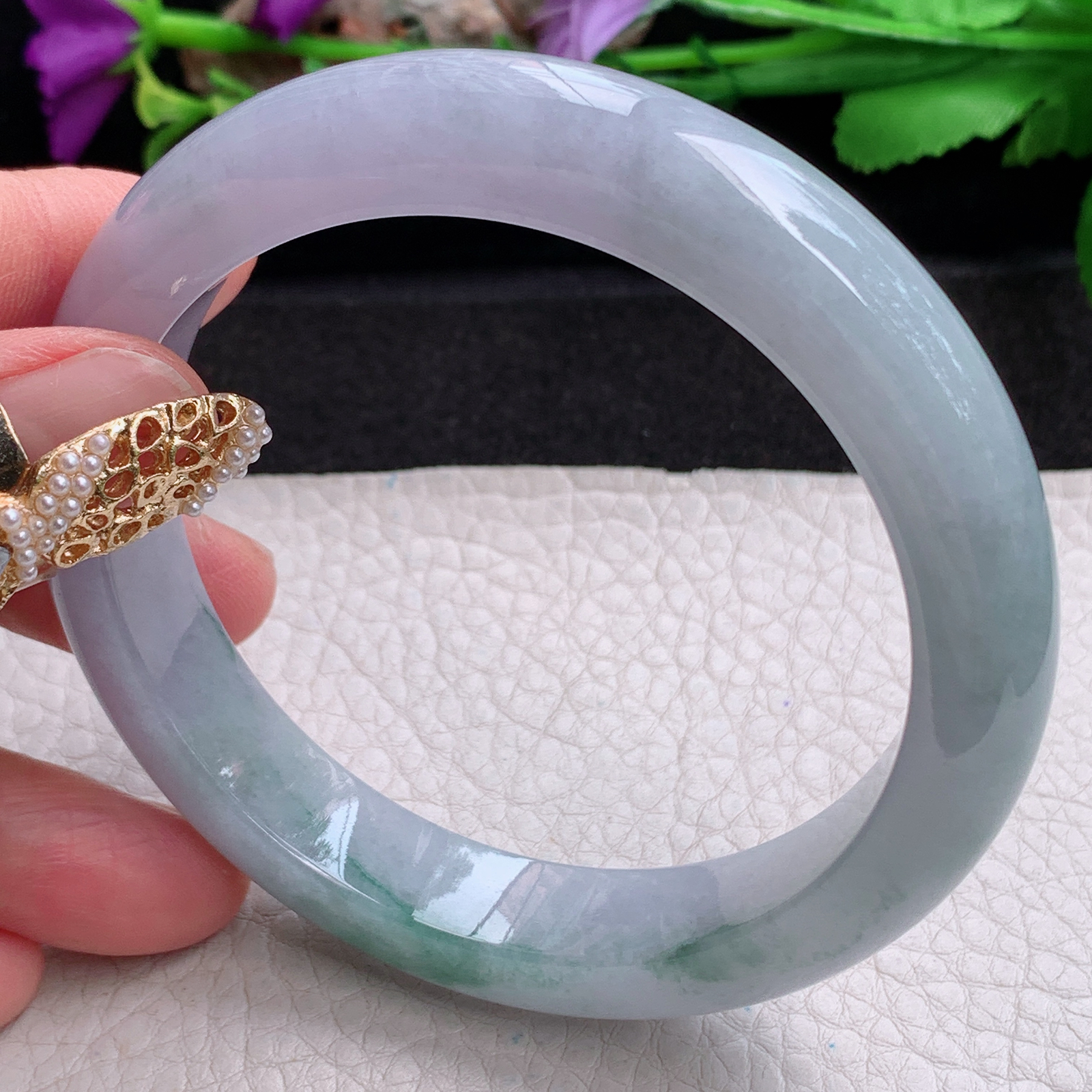 hy大圈口61.8*13*8.6平安镯 天然缅甸翡翠a货手镯蓝紫飘花大气正圈玉镯子