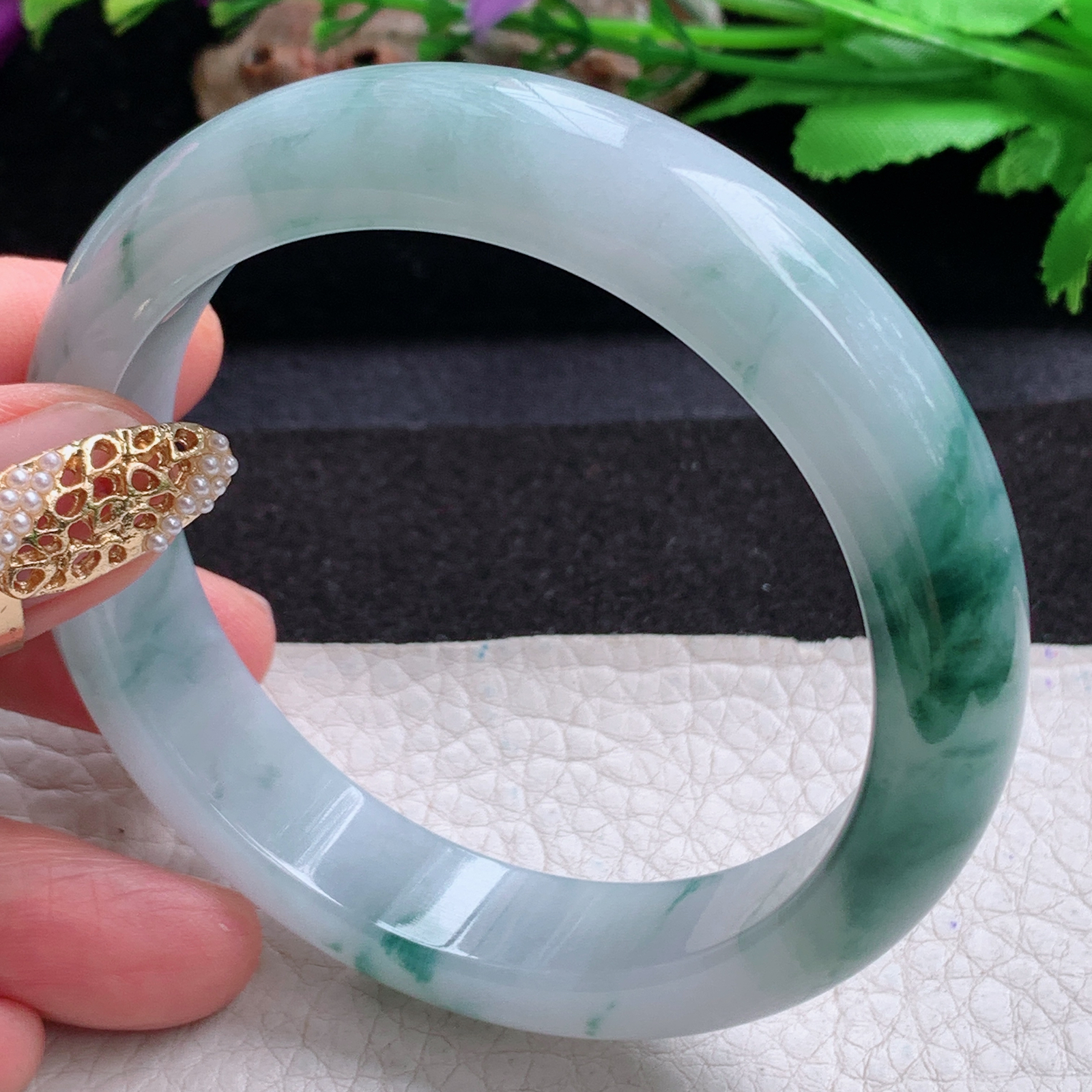xc实拍58.6*13.8*8.5平安镯 天然缅甸翡翠a货手镯冰飘花正圈玉镯子