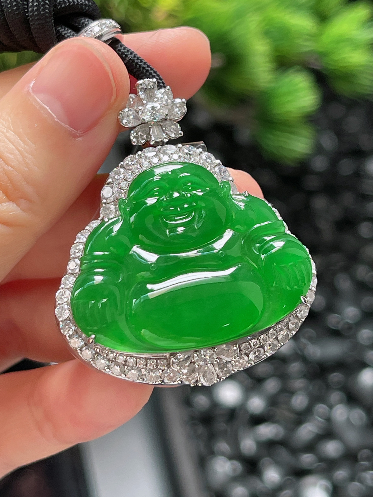 18k金 翡翠冰糯种绿色佛公吊坠