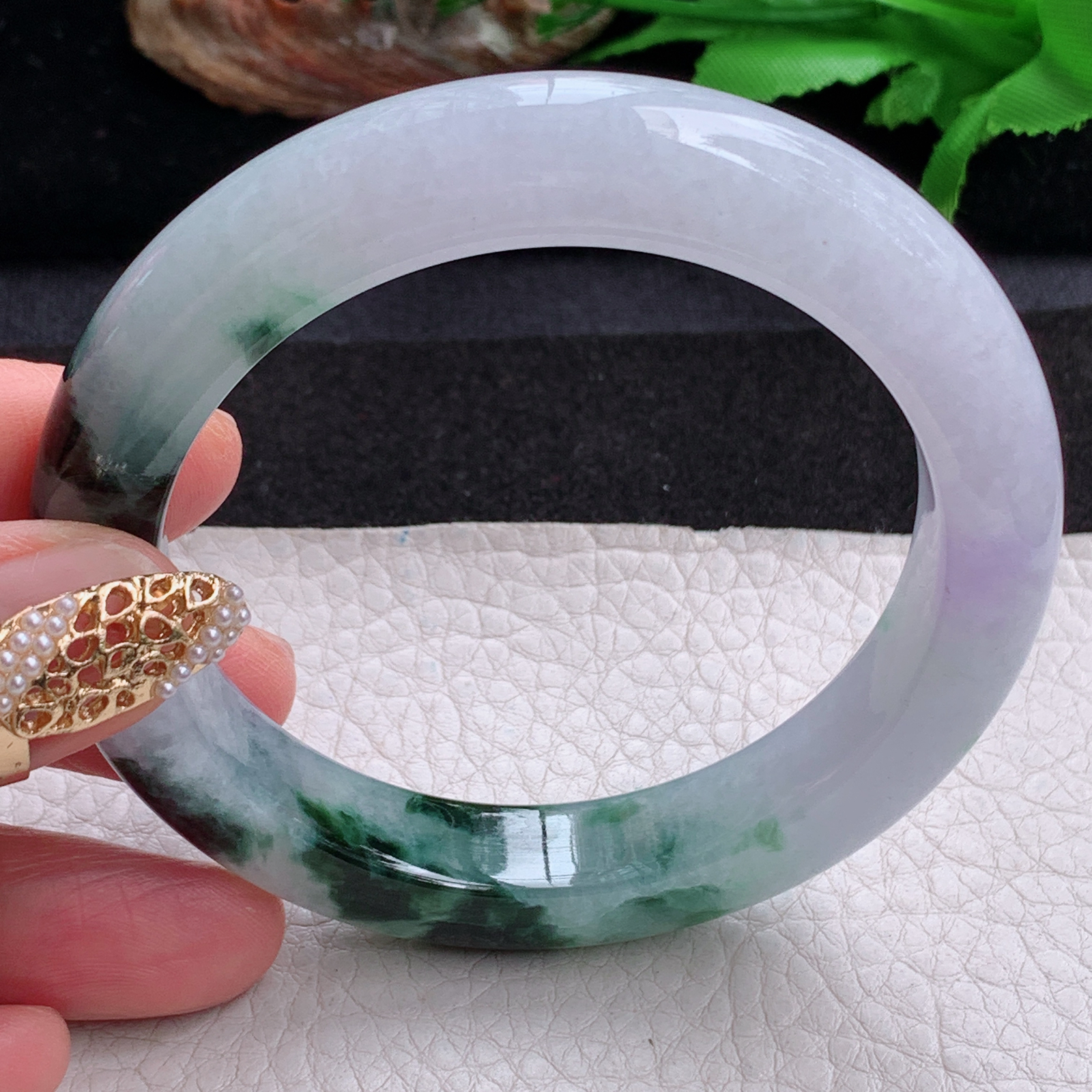 cc实拍57.5*12*9.8招财镯 天然缅甸翡翠a货手镯半山水飘花正圈玉镯子