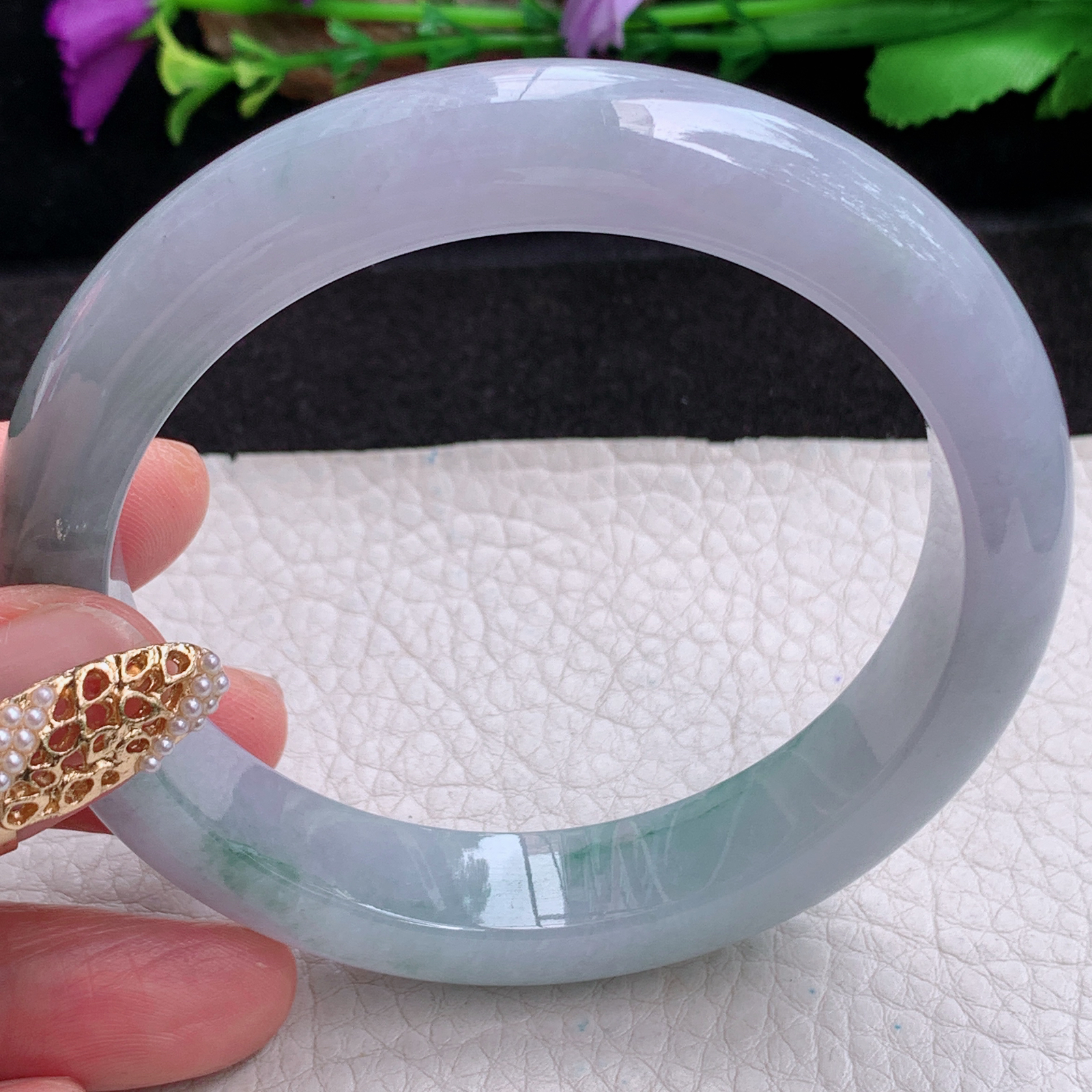 hy大圈口61.8*13*8.6平安镯 天然缅甸翡翠a货手镯蓝紫飘花大气正圈玉镯子