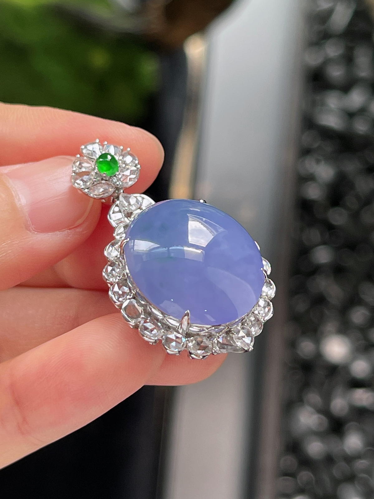 18k金 翡翠冰糯种满紫蛋面挂件