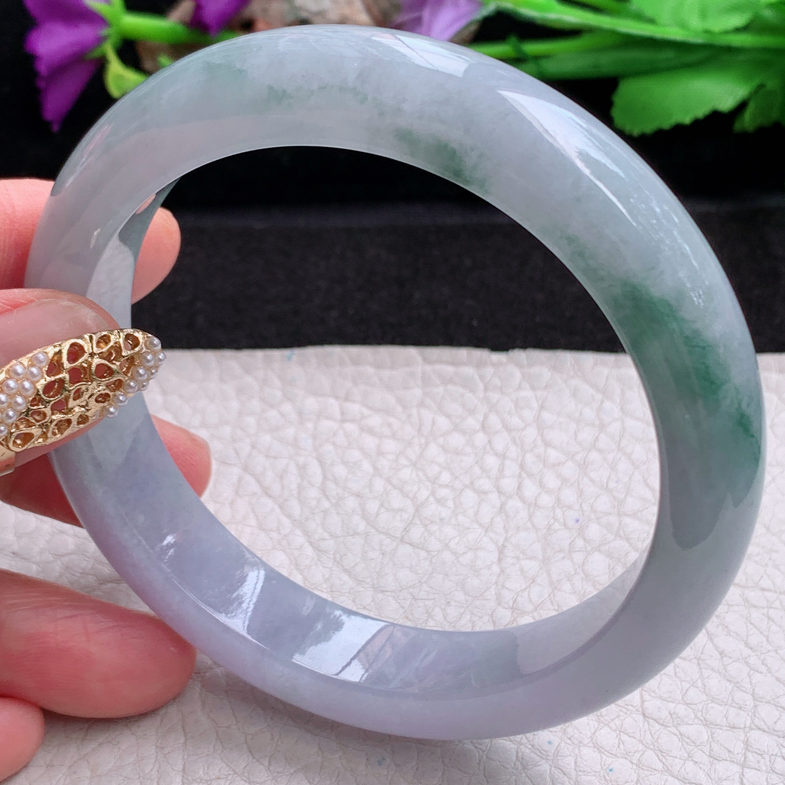 hy大圈口61.8*13*8.6平安镯 天然缅甸翡翠a货手镯蓝紫飘花大气正圈玉镯子