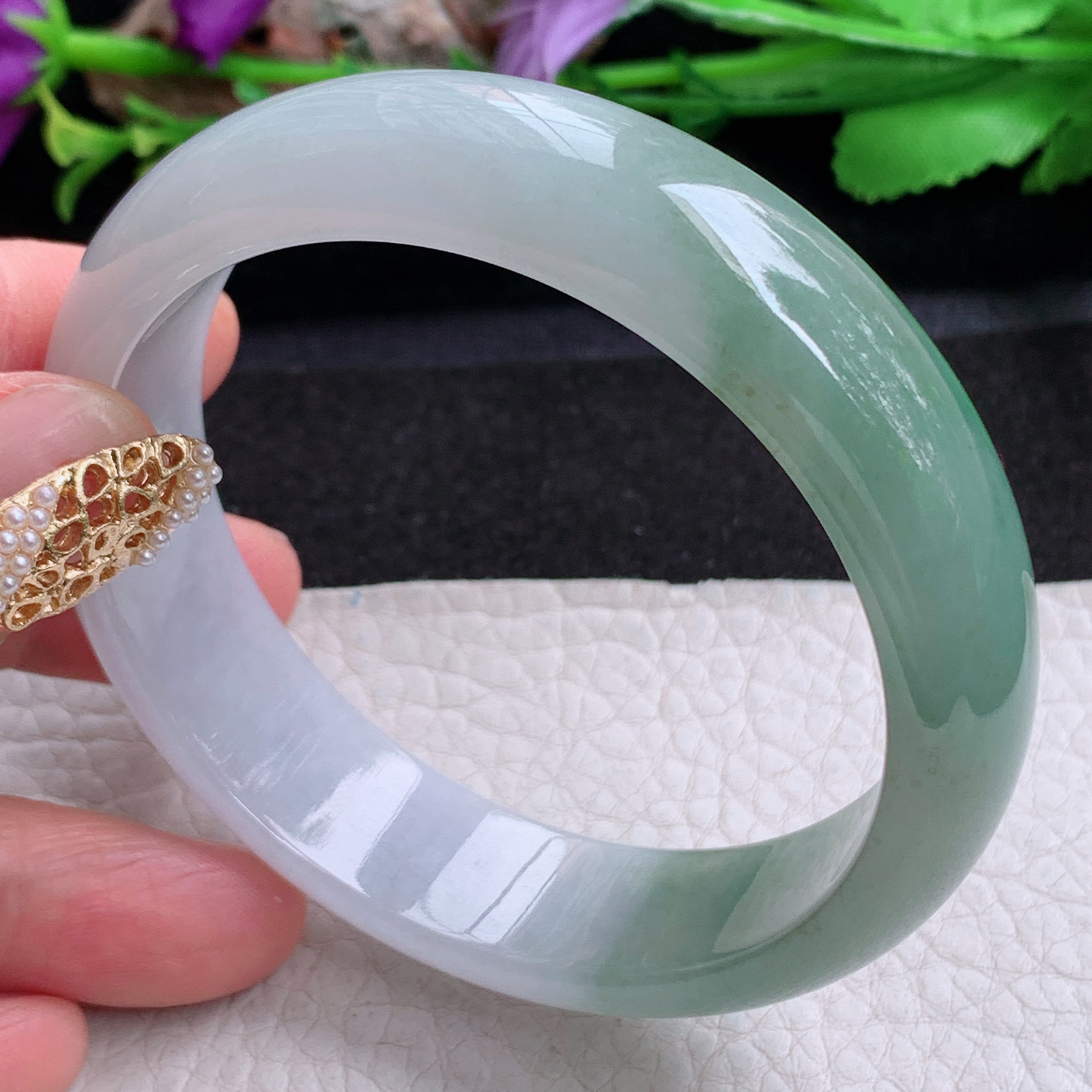 js实拍58.5*15.8*7.6招财镯 天然缅甸翡翠a货手镯冰润半山水正圈玉镯子
