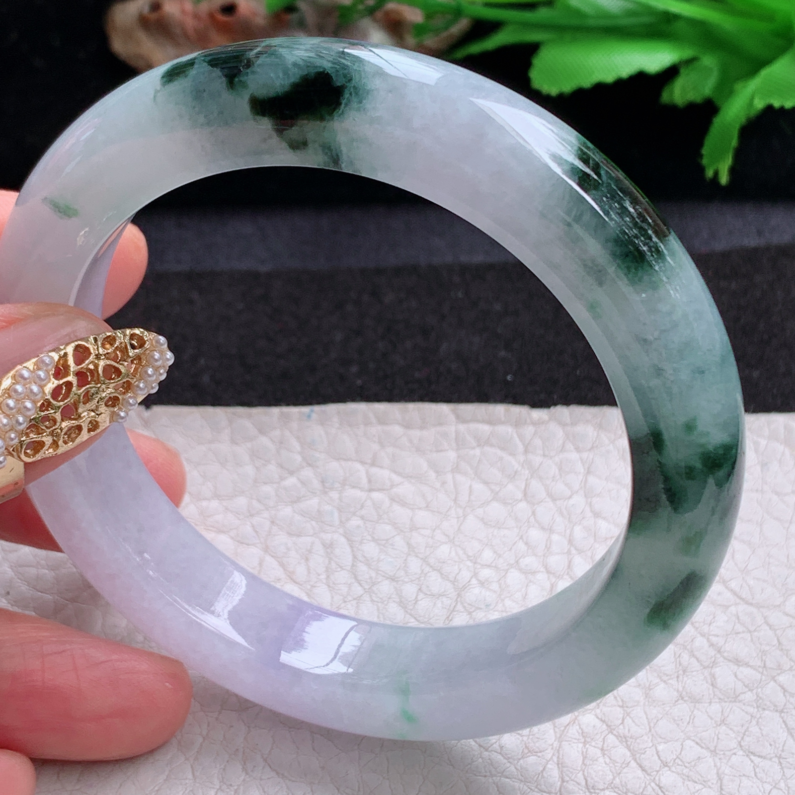 cc实拍57.5*12*9.8招财镯 天然缅甸翡翠a货手镯半山水飘花正圈玉镯子