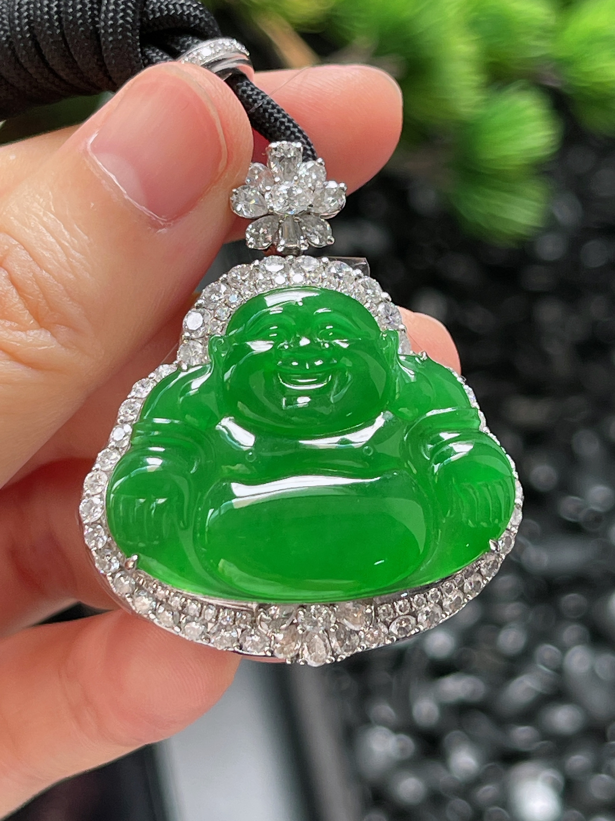 18k金 翡翠冰糯种绿色佛公吊坠