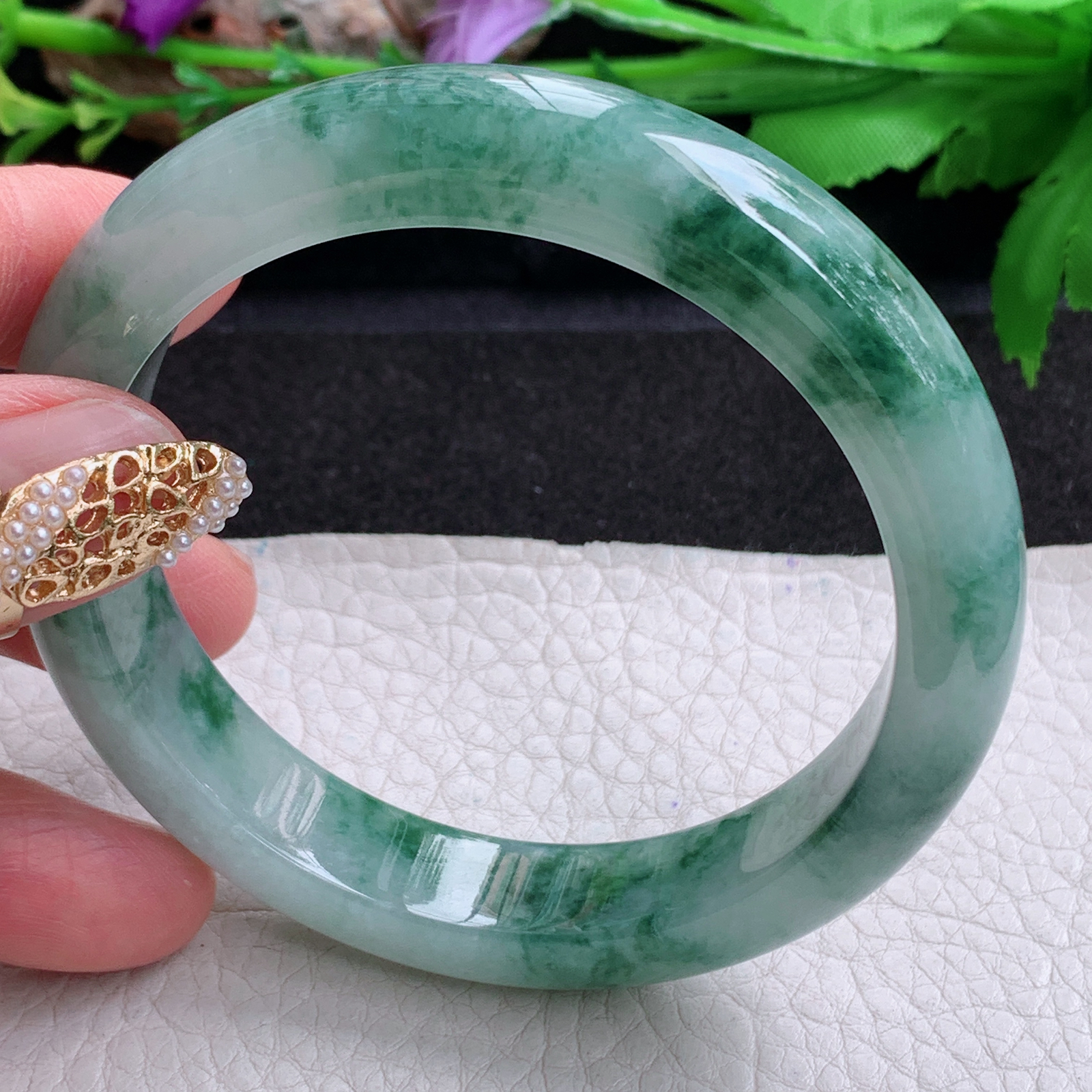 mq实拍59*12.8*9平安镯 天然缅甸翡翠a货手镯冰飘花正圈玉镯子