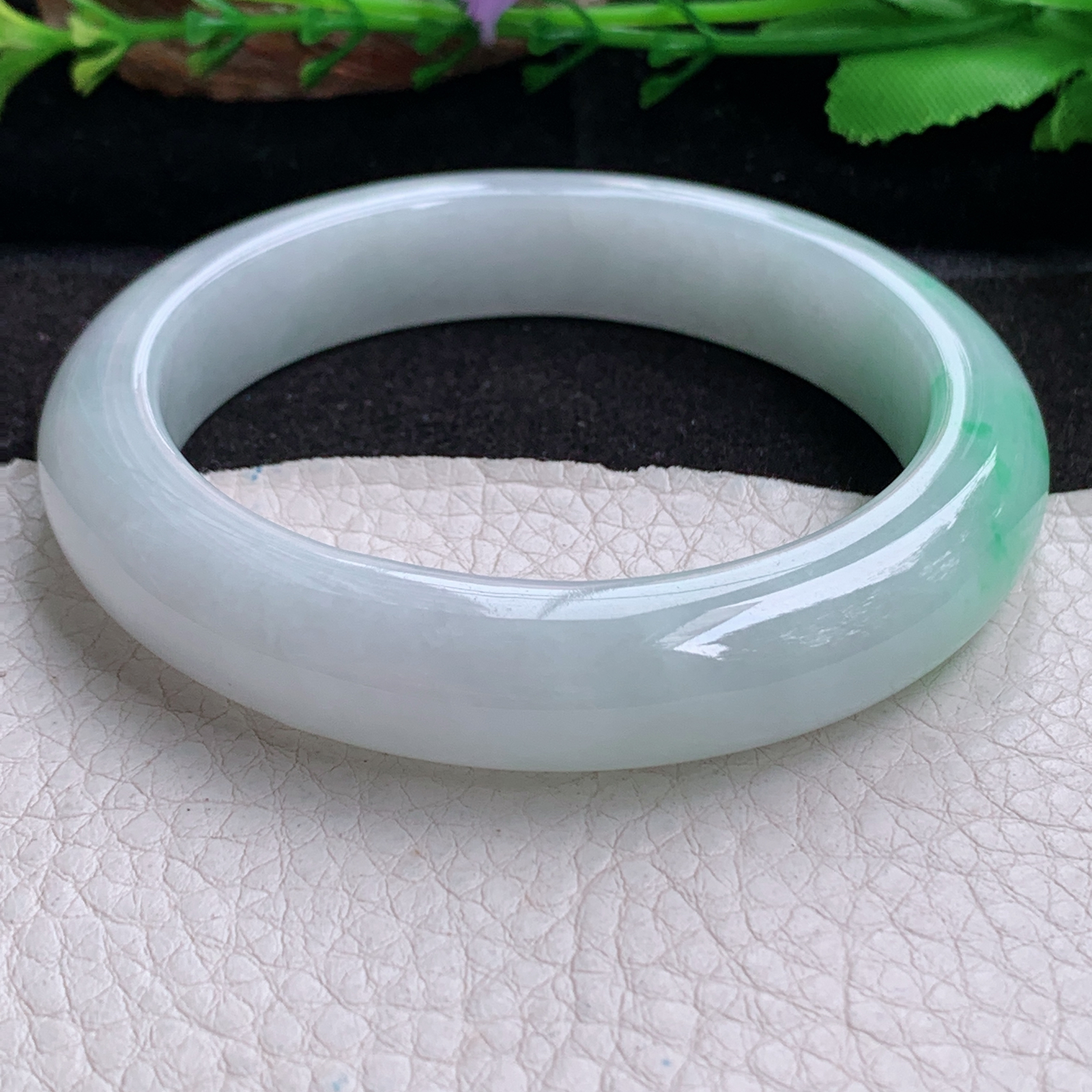 js实拍58.5*12.8*9平安镯 天然缅甸翡翠a货手镯白底青正圈玉镯子