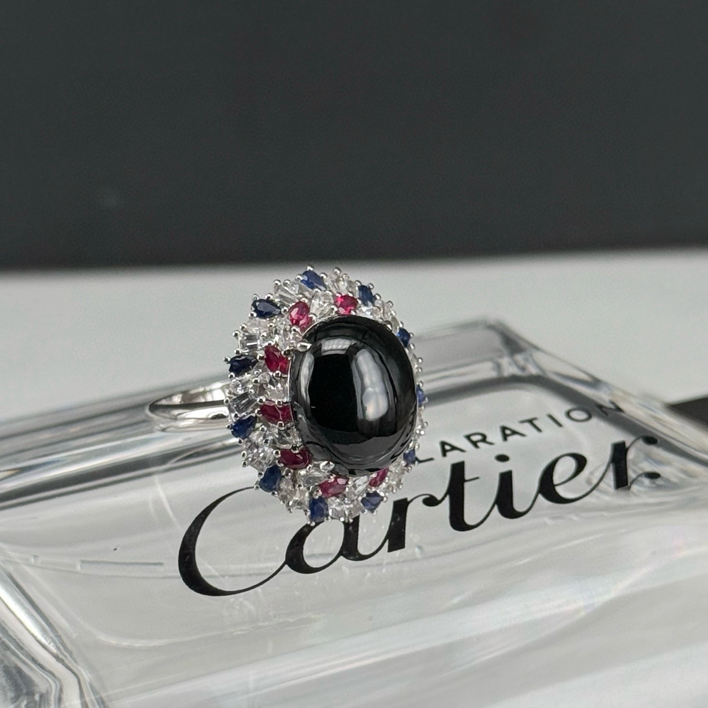 精品18k墨翠豪镶蛋面女戒 种好色正 黑度极好 打灯通透 油性十足 尺寸12.4