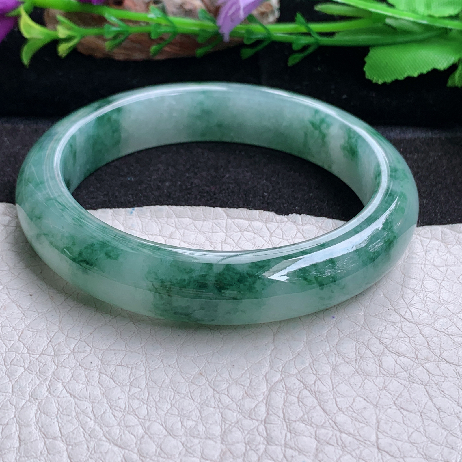 mq实拍59*12.8*9平安镯 天然缅甸翡翠a货手镯冰飘花正圈玉镯子