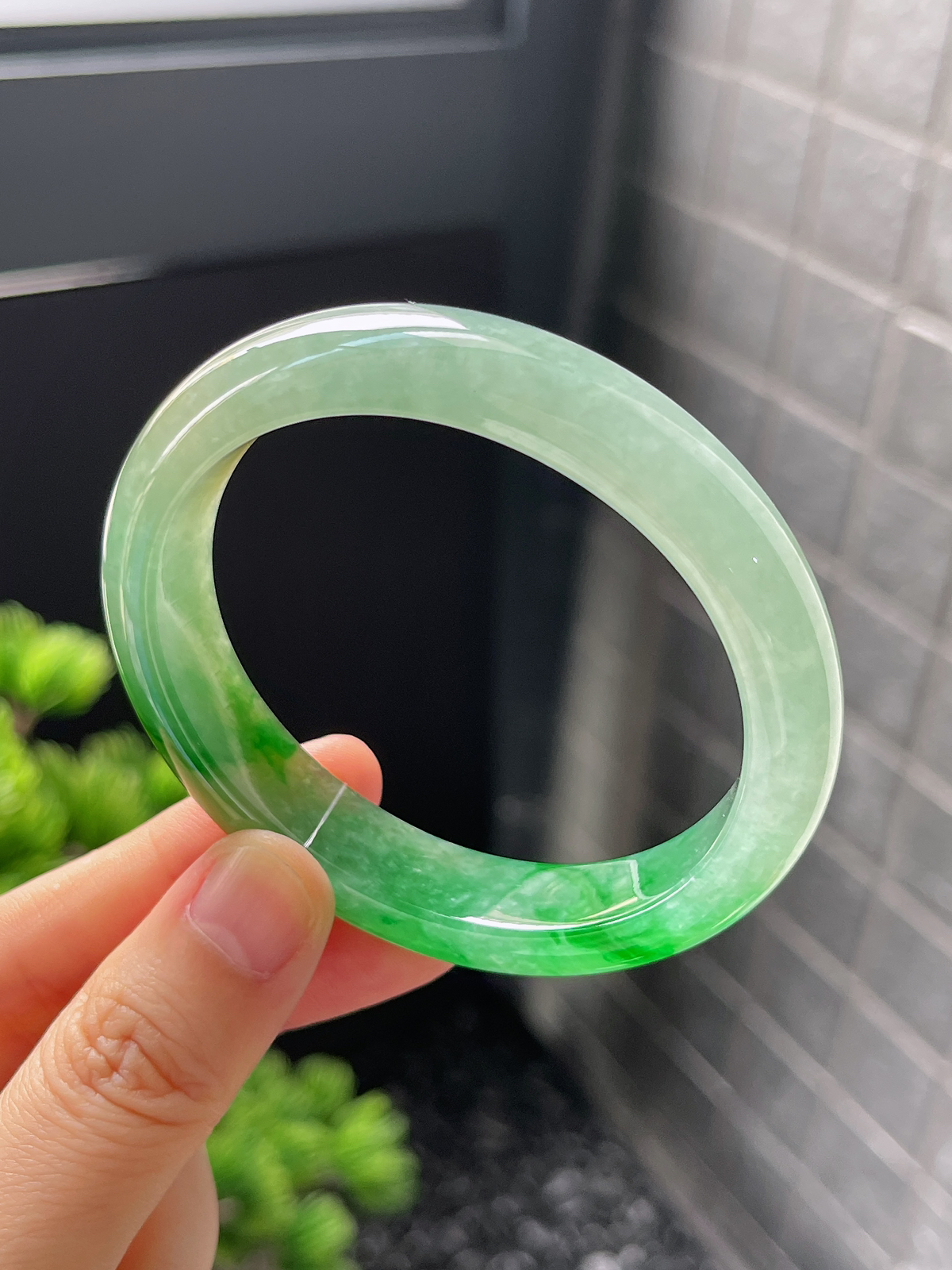 贵妃镯55.1圈口，翡翠冰糯种黄加绿手镯