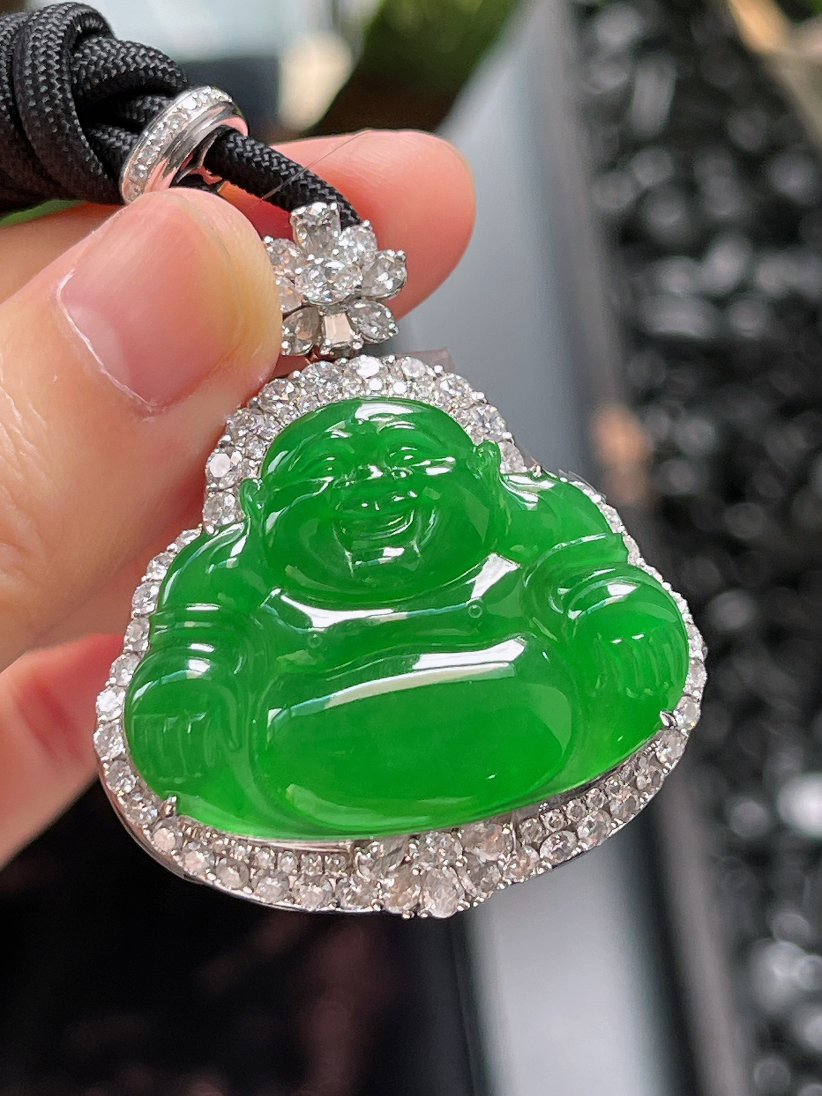 18k金 翡翠冰糯种绿色佛公吊坠