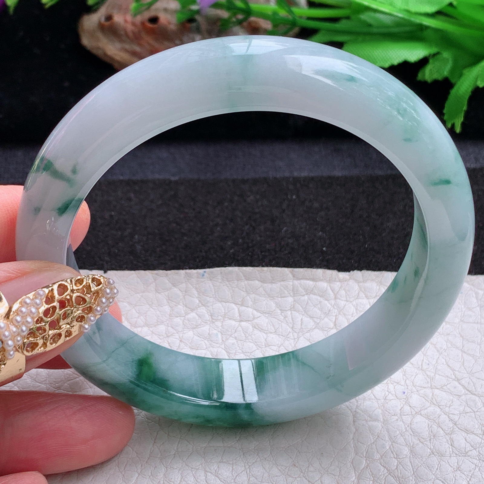 xc实拍58.6*13.8*8.5平安镯 天然缅甸翡翠a货手镯冰飘花正圈玉镯子