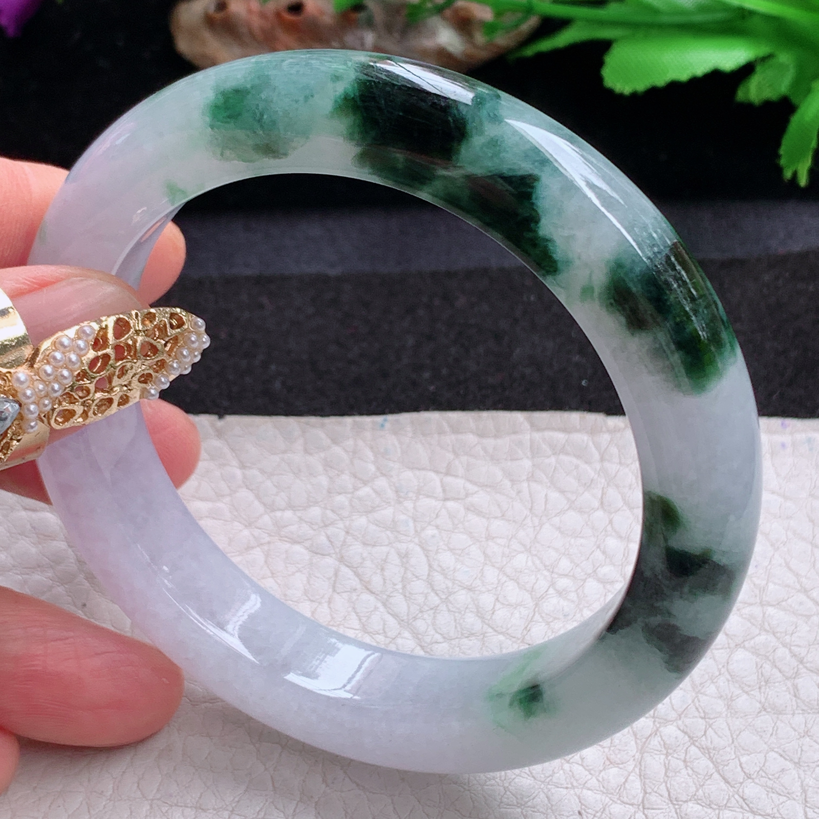 cc实拍57.5*12*9.8招财镯 天然缅甸翡翠a货手镯半山水飘花正圈玉镯子