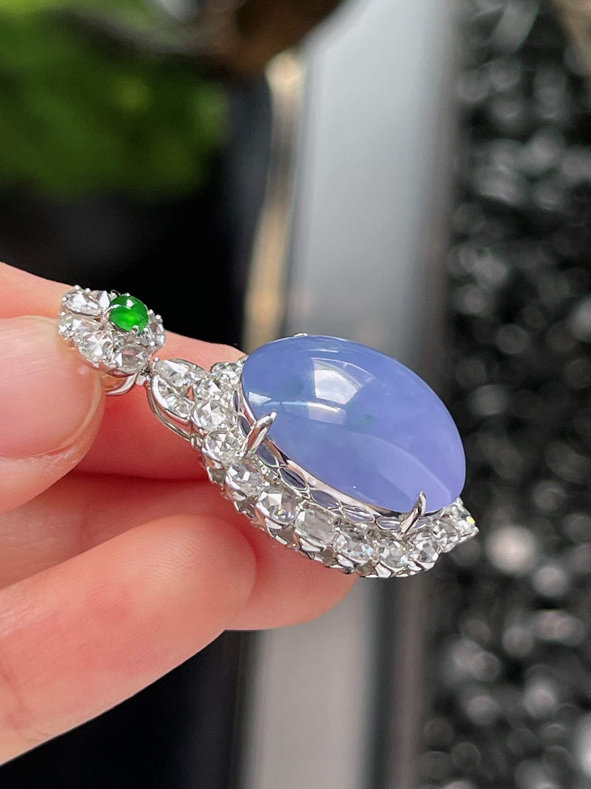 18k金 翡翠冰糯种满紫蛋面挂件