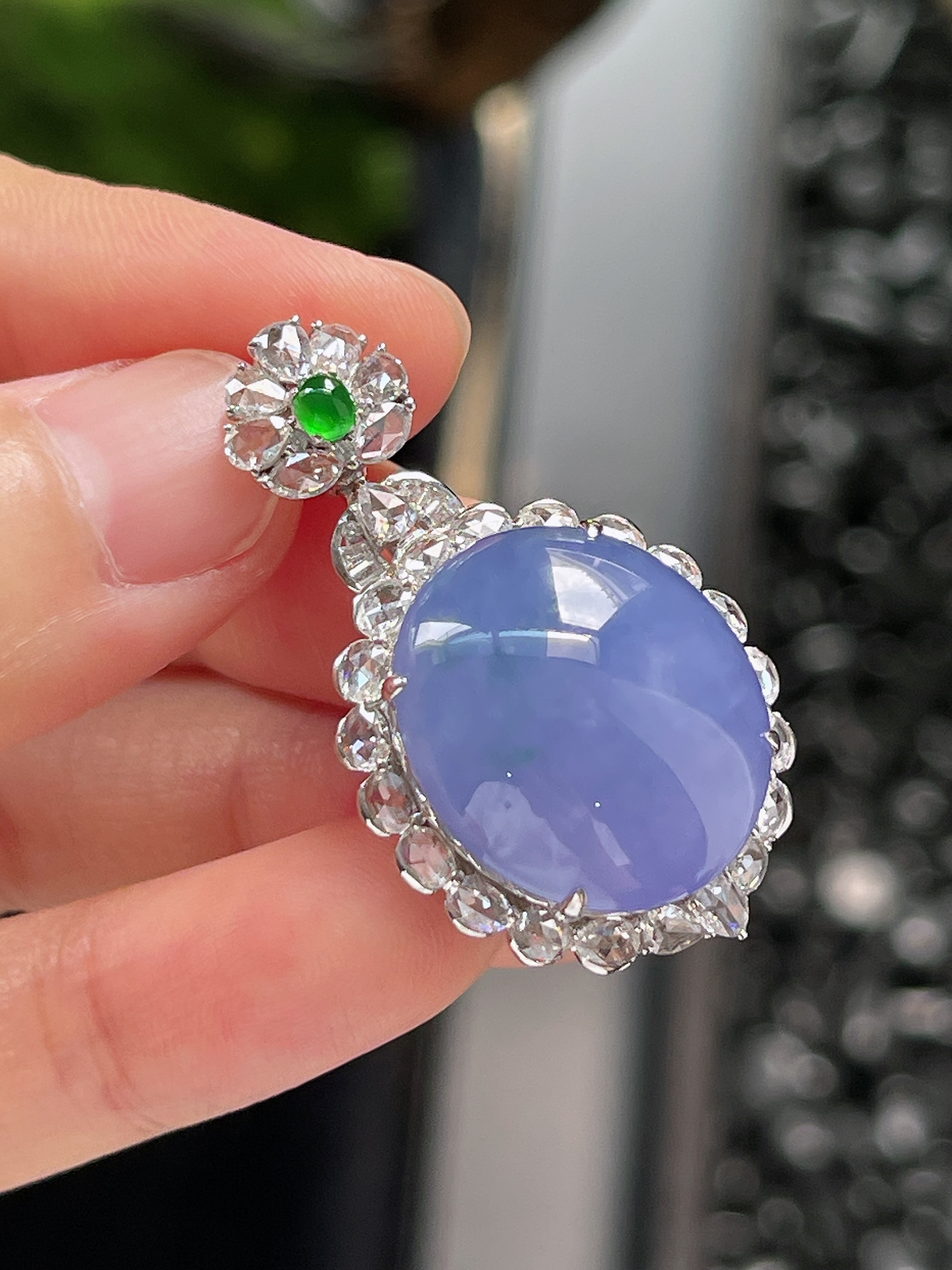 18k金 翡翠冰糯种满紫蛋面挂件