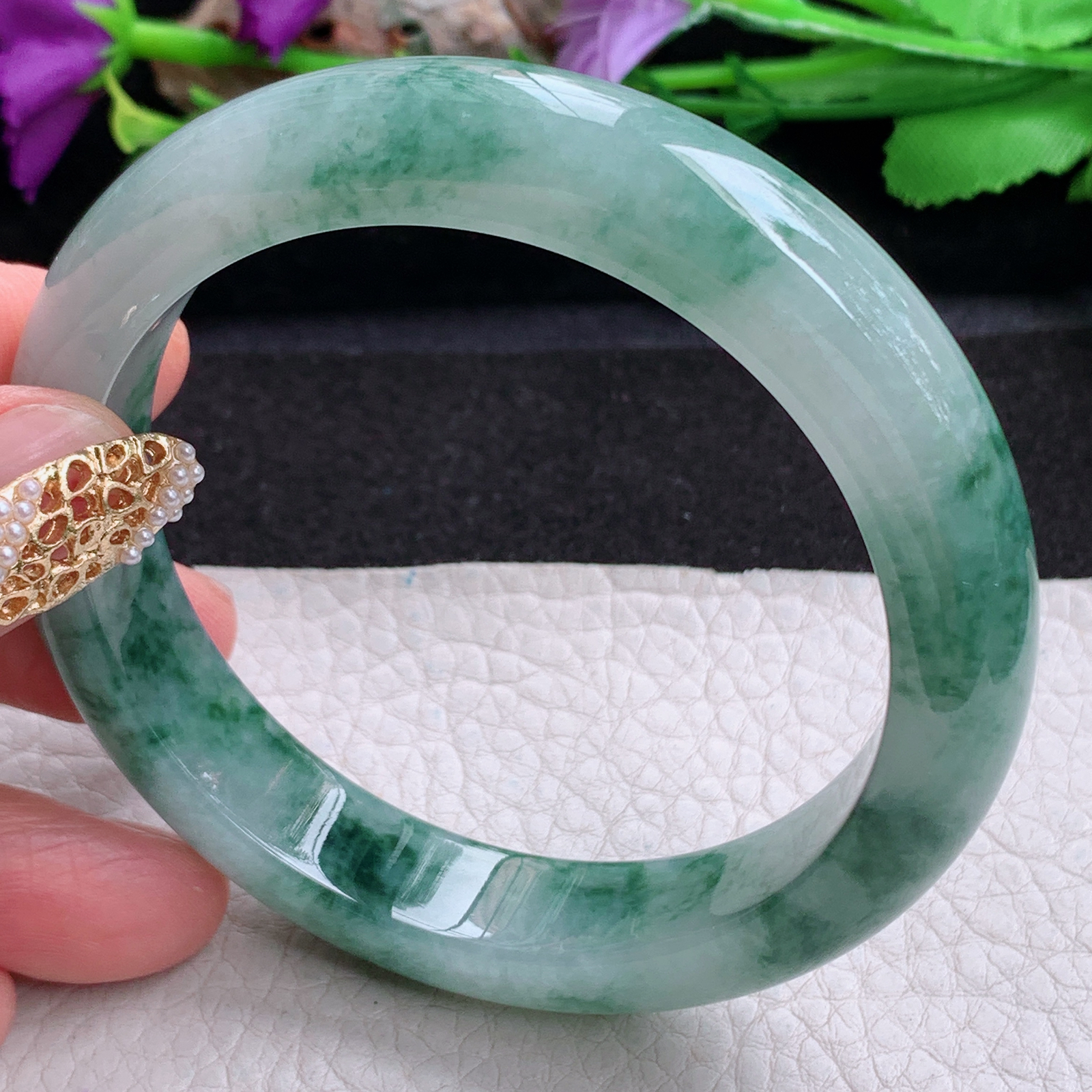 mq实拍59*12.8*9平安镯 天然缅甸翡翠a货手镯冰飘花正圈玉镯子