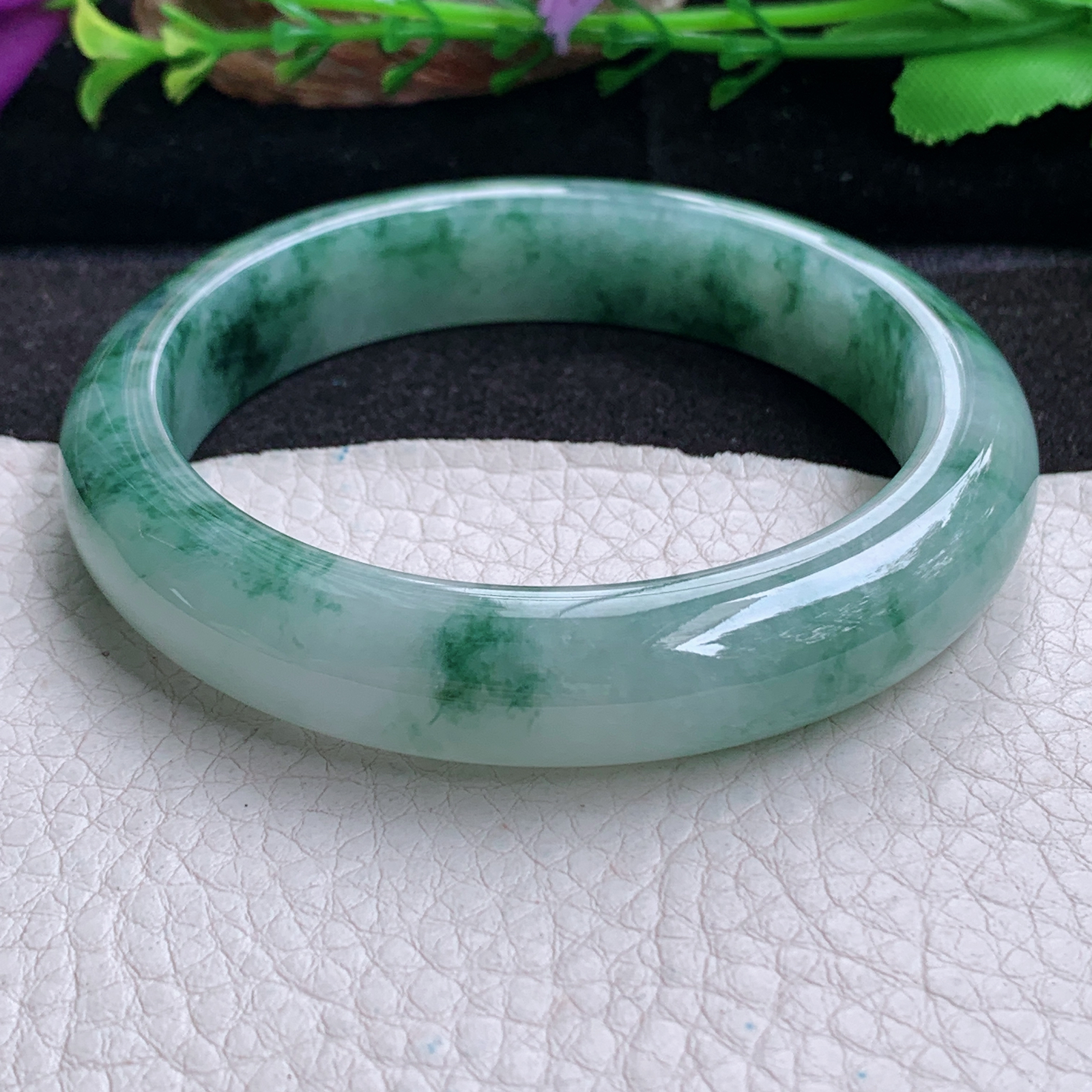 mq实拍59*12.8*9平安镯 天然缅甸翡翠a货手镯冰飘花正圈玉镯子