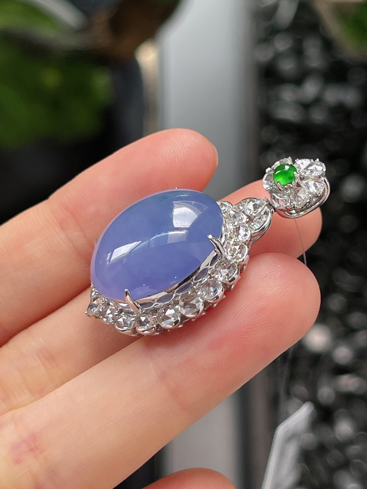 18k金 翡翠冰糯种满紫蛋面挂件