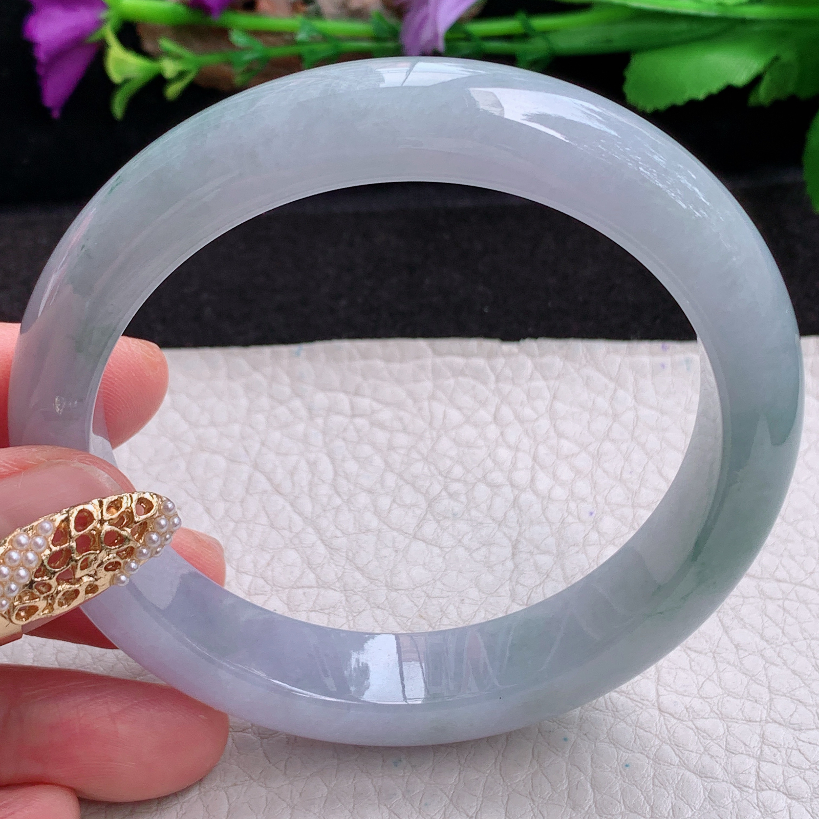 hy大圈口61.8*13*8.6平安镯 天然缅甸翡翠a货手镯蓝紫飘花大气正圈玉镯子