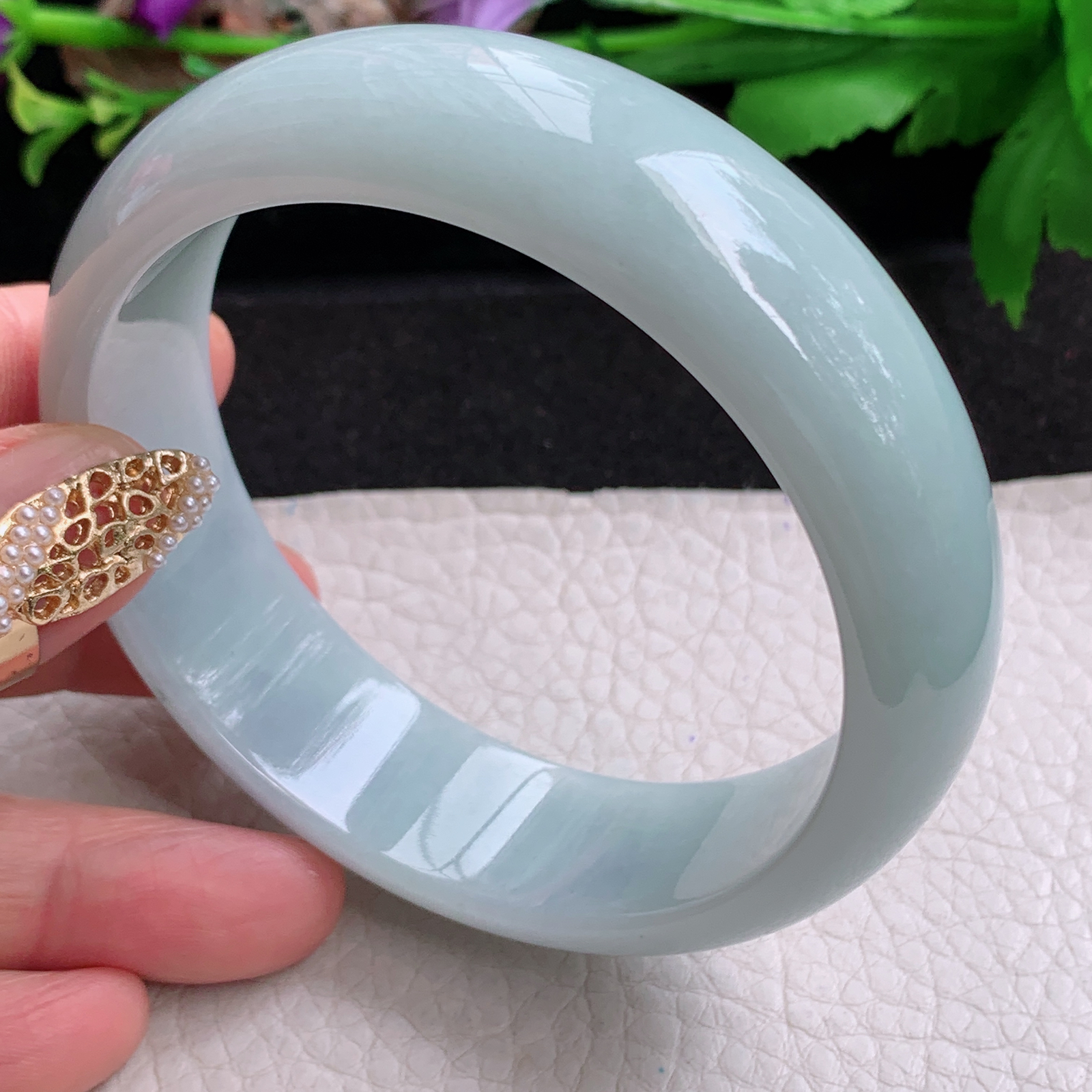 hy大圈口61.5*18.6*7.8轮胎镯 天然缅甸翡翠a货手镯浅绿大气正圈玉镯子