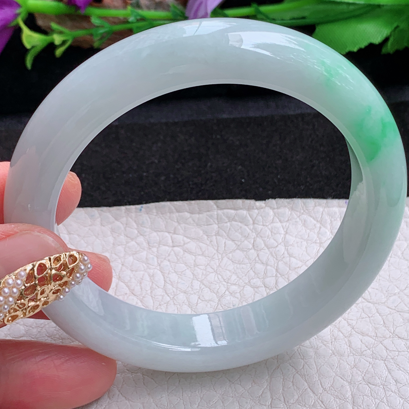 js实拍58.5*12.8*9平安镯 天然缅甸翡翠a货手镯白底青正圈玉镯子