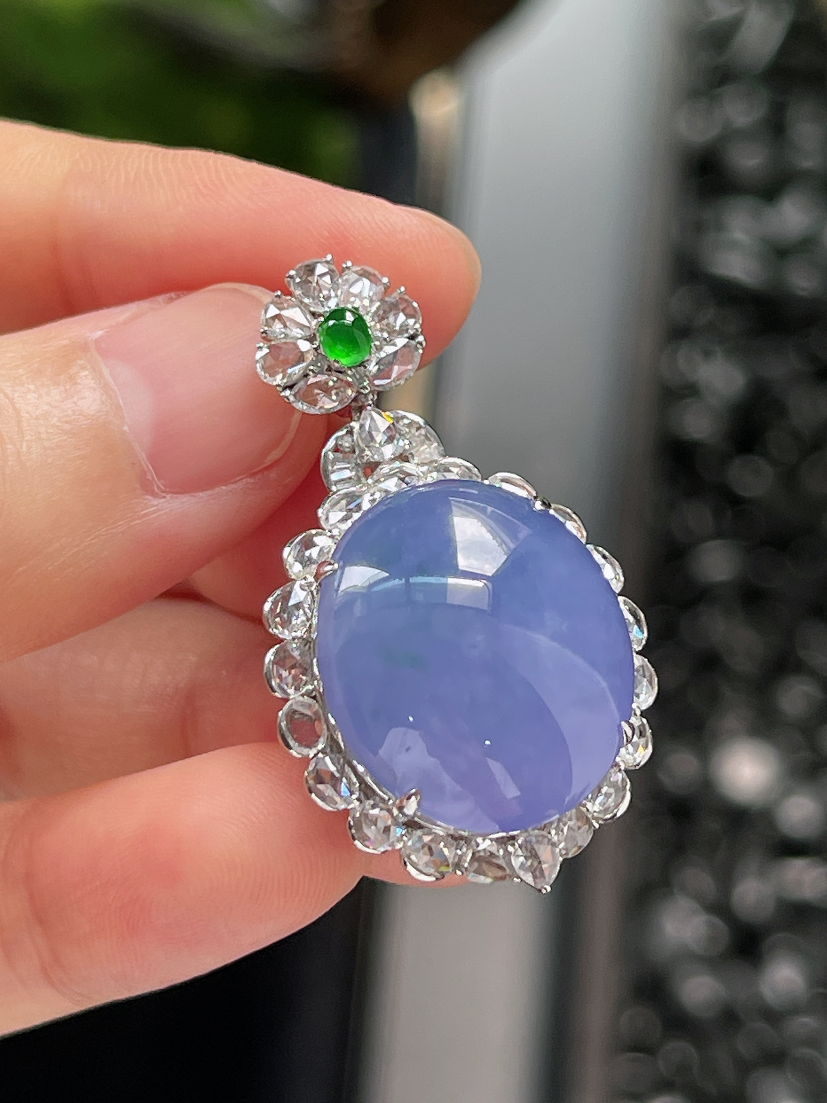 18k金 翡翠冰糯种满紫蛋面挂件