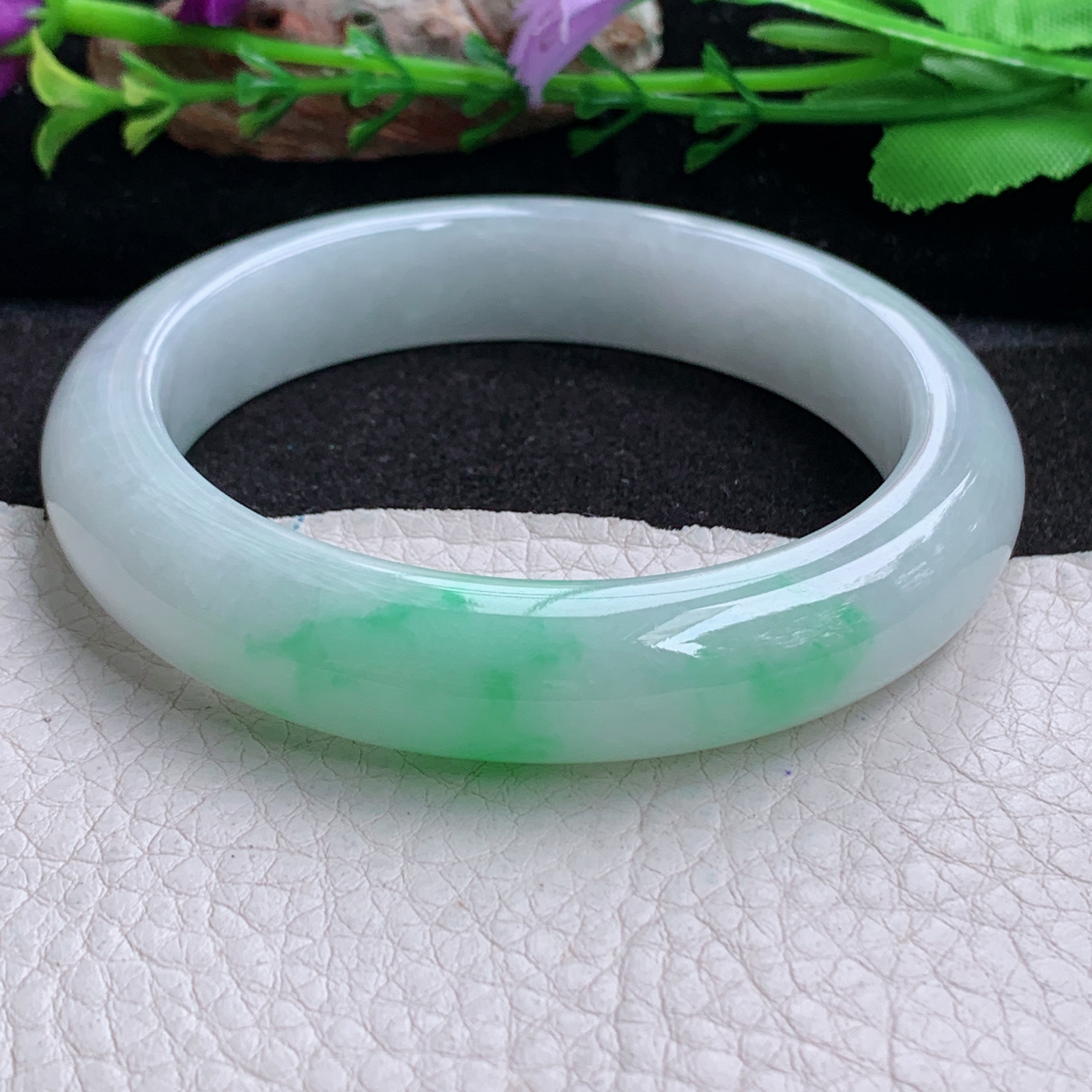 js实拍58.5*12.8*9平安镯 天然缅甸翡翠a货手镯白底青正圈玉镯子