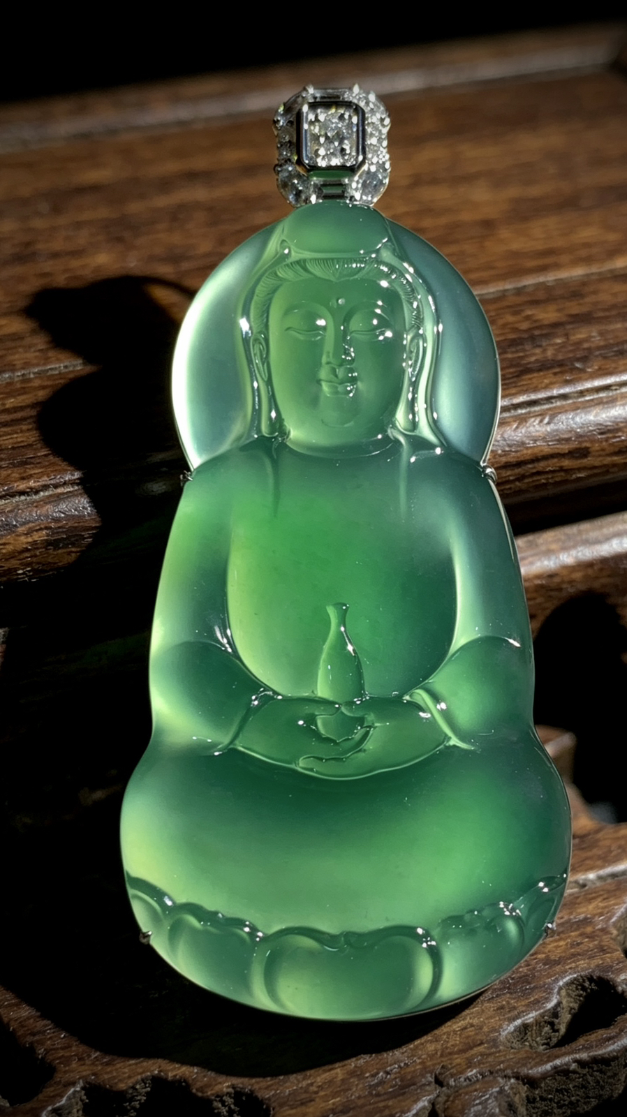 【观自在】，净瓶观音菩萨，
裸石61-32.5-5mm，整体71.5-33-12.5mm，
35.78g，18K金，南非钻，