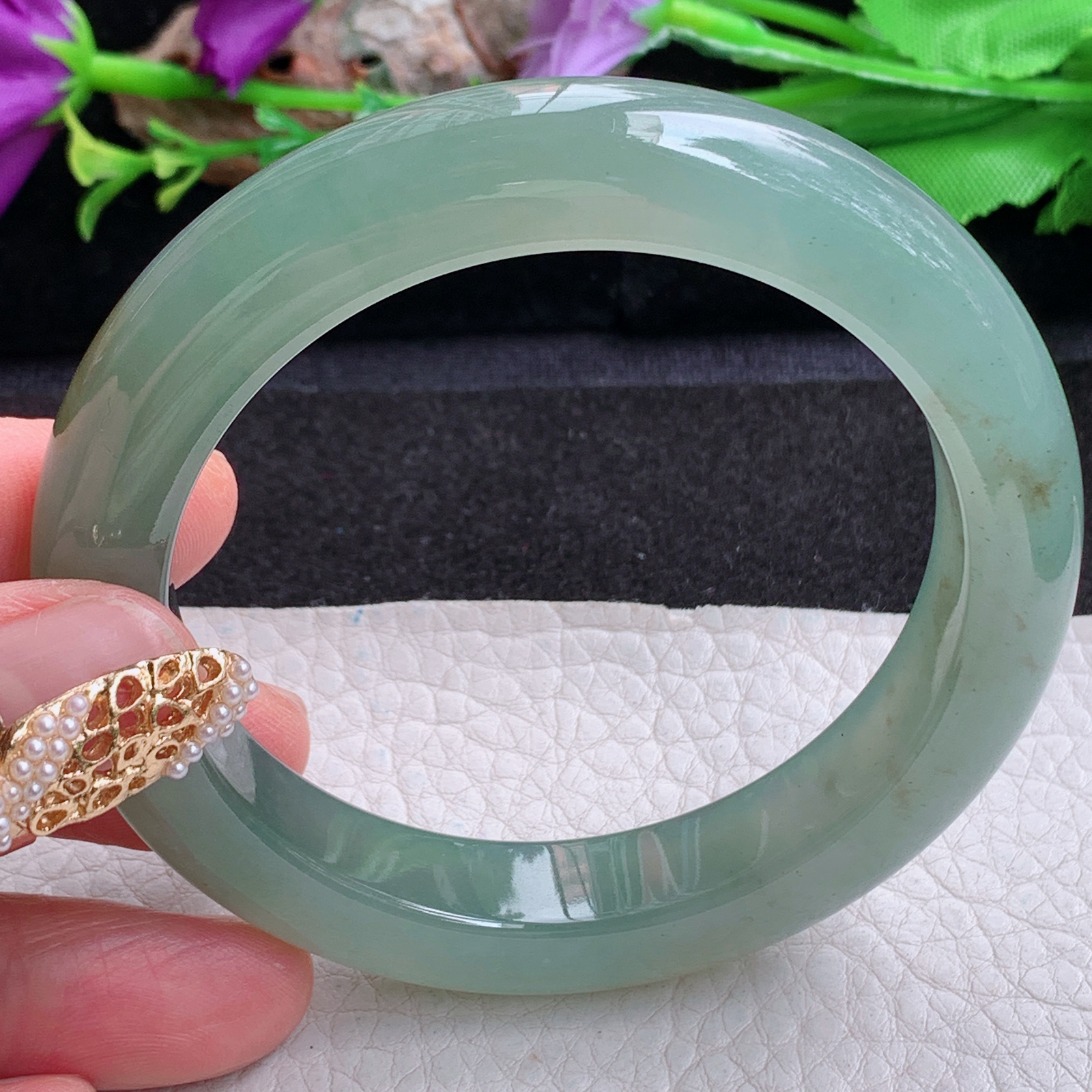 r实拍57*12*10平安镯 天然缅甸翡翠a货手镯冰黄加绿厚装正圈玉镯子