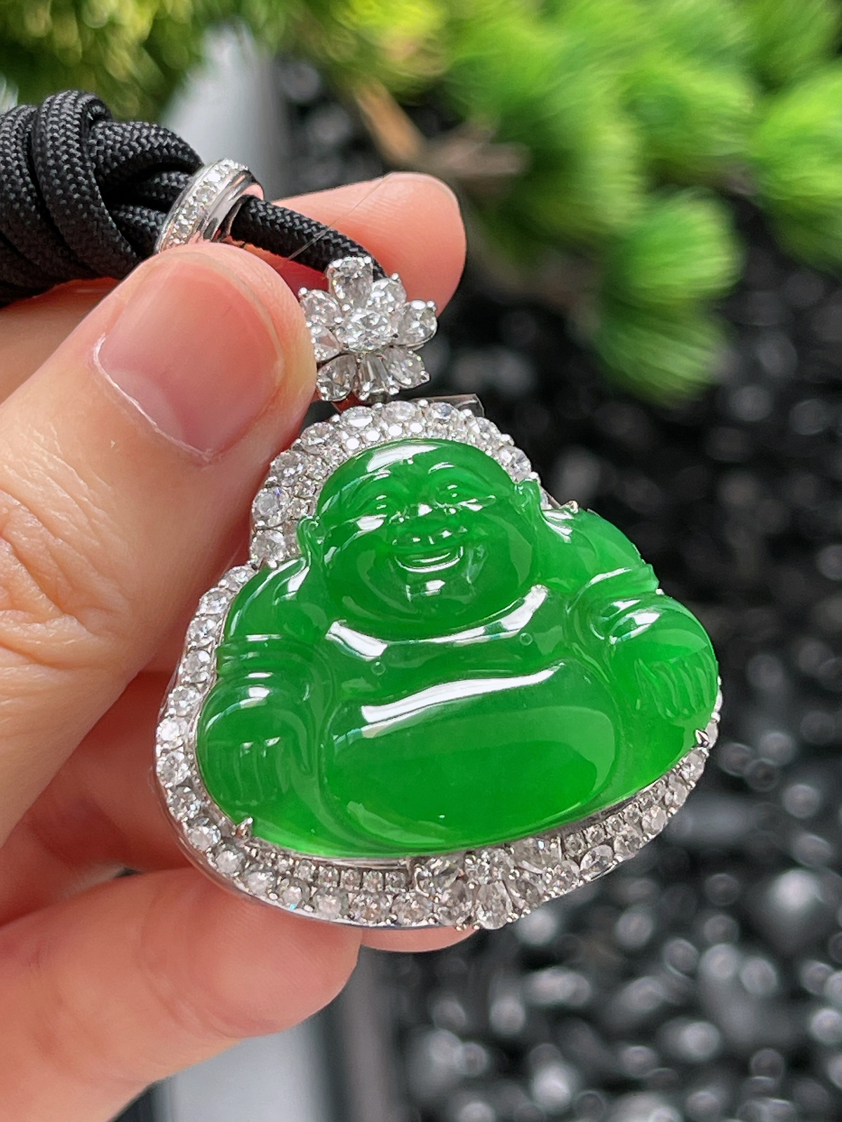 18k金 翡翠冰糯种绿色佛公吊坠