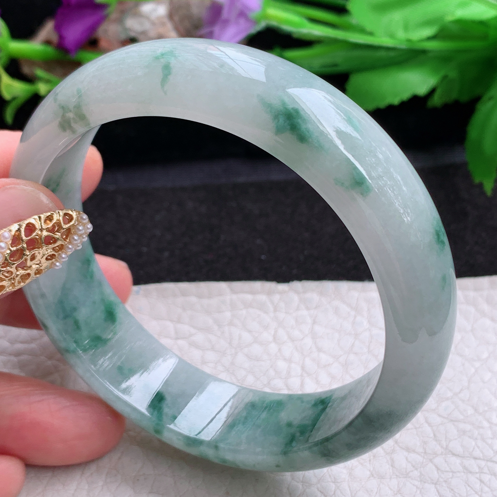js实拍58*15.8*7.8轮胎镯 天然缅甸翡翠a货手镯飘花大气正圈玉镯子